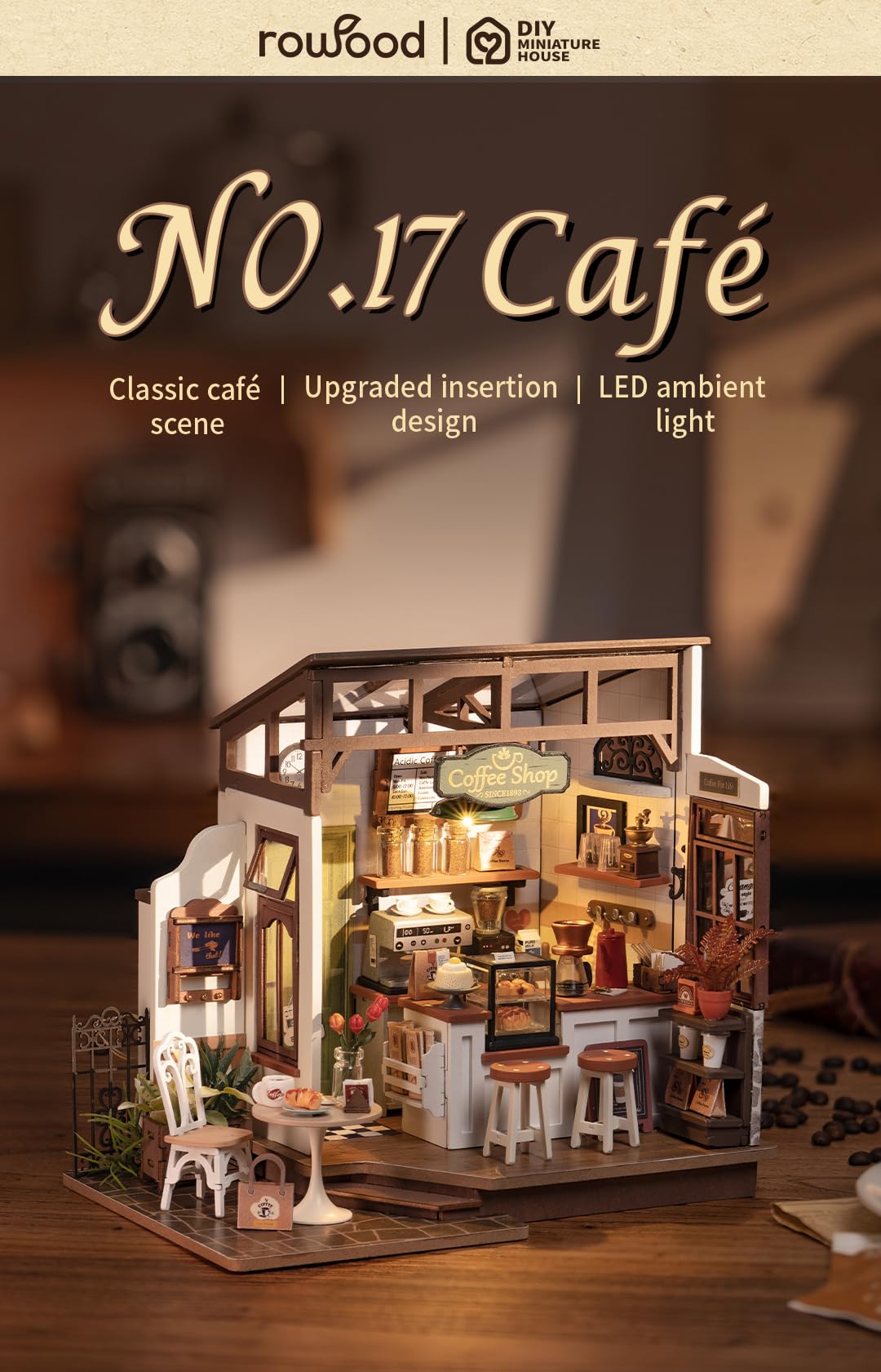 Rowood Miniature House Kit,DIY Miniature Dollhouse Kits for Adults to Build to Live in,Mayberry Street Miniatures,Wooden Adults Craft Kits,Mini Model Kits with LED,Birthday for Teens(NO.17 Cafe)
