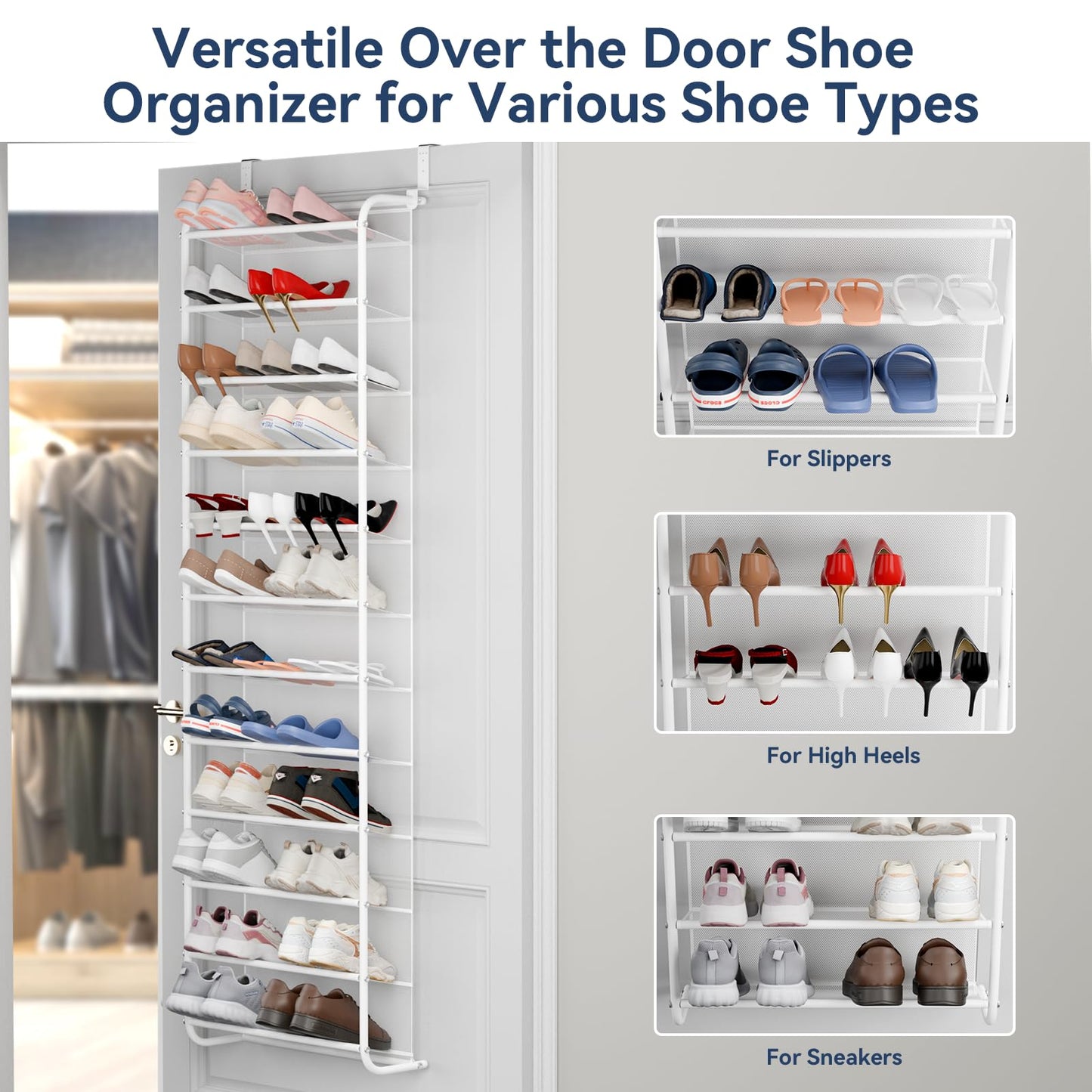 Whitmor 36 Pair Over The Door Shoe Organizer, 12 Tier Hanging Shoe Organizer, Heavy Duty Metal & Mesh Shoe Holder, Hanging Shoe Rack for Closet Organizer & Storage, 74"H x 21.7"W x 7.5"D, White