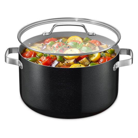Bakken 12.5 Quart Ceramic Coated Stock Pot with Lid, Easy Clean Nonstick Pot, Tempered Glass Lid, Riveted Stainless Steel Handles, Oven Safe Up To 500°F, PTFE & PFAS Free, All Stove Compatible, Black