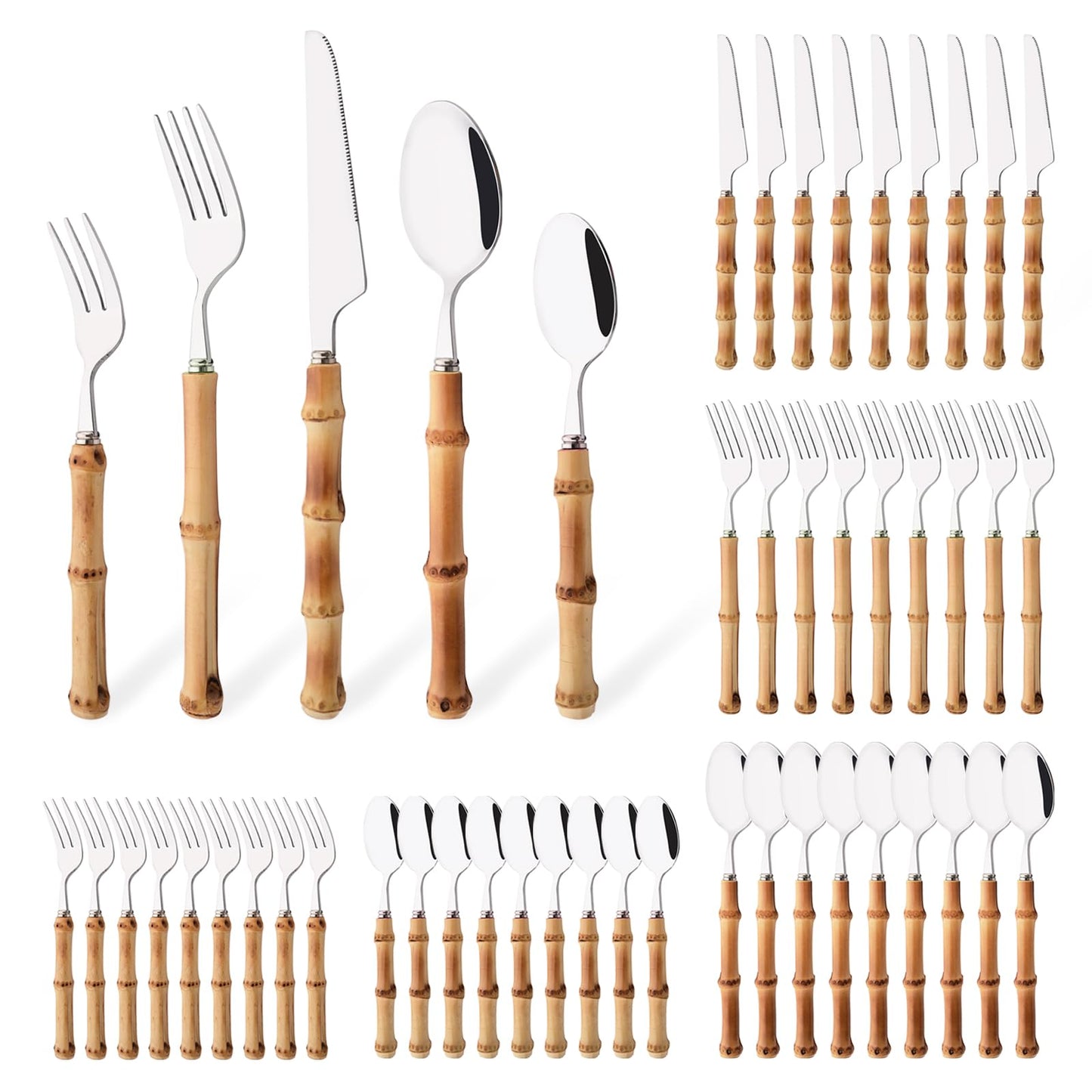 Uniturcky 50PCS Silverware Set for 10, Bamboo Handle Flatware Set, Stainless Steel Cutlery Set for Home Restaurant and Party, Bamboo Forks Spoons and Knives Set, Polished Tableware
