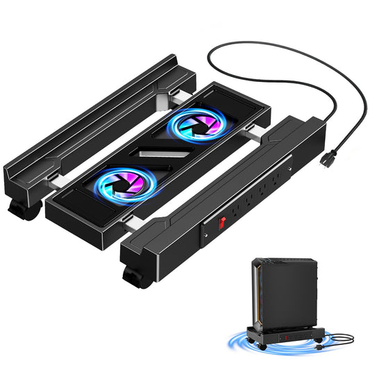Adjustable CPU Holder with Charging Station and Cooling Fan with RGB Light,Mobile CPU Holder with 4 Rolling Casters, Under Desk CPU Bracket PC Floor Cart PC Riser for Office, Home (Socket with Fan)