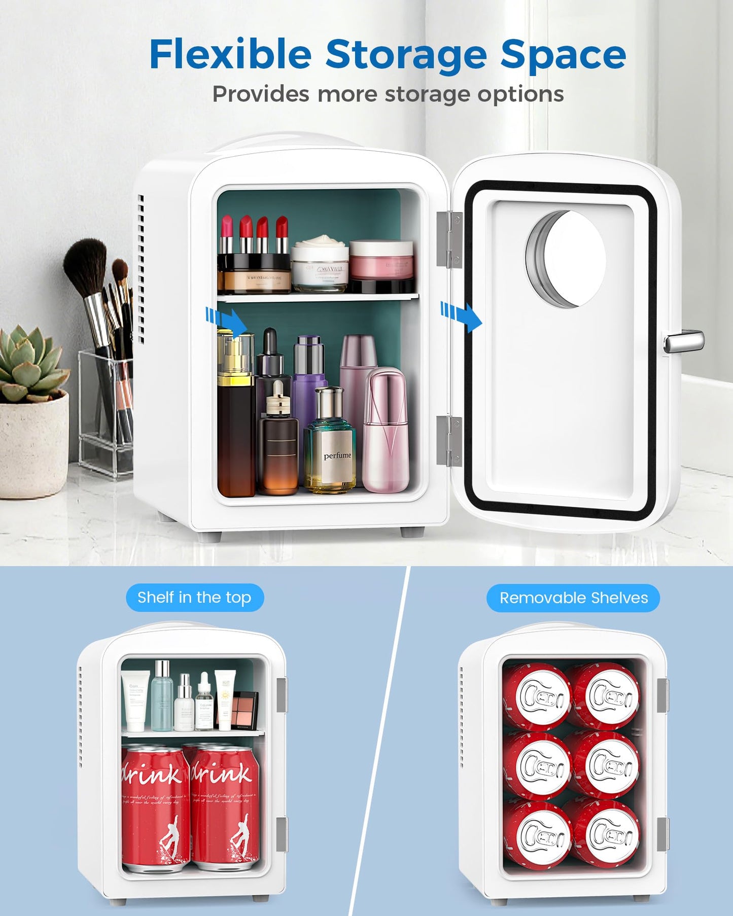 Electactic Mini Fridge for Bedroom, 4L/6 Cans Small Cosmetic Fridge for Skincare, Makeup & Drink, With Observation Window, Portable Desk Fridge Cooler and Warmer for Kids, Car, Office, Dorm, White