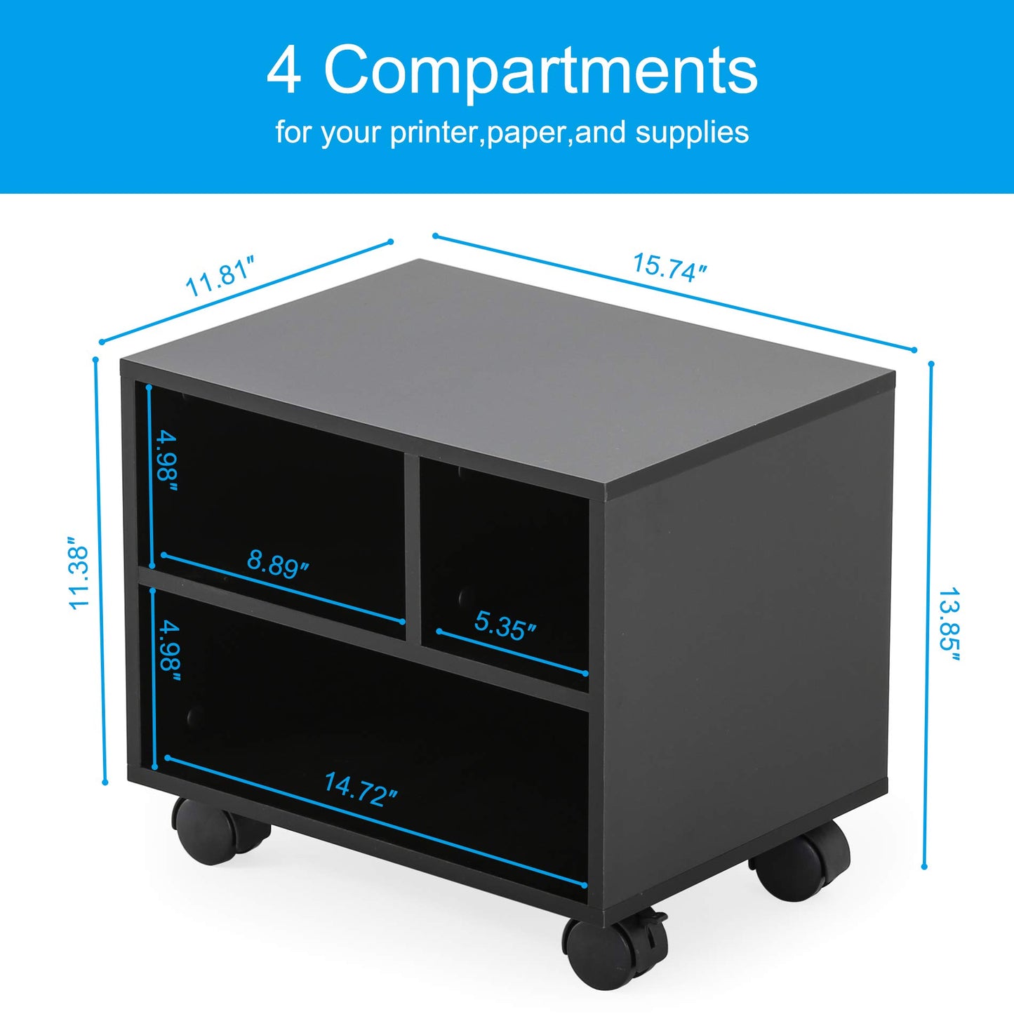 FITUEYES Mobile Printer Stand with Storage, Under Desk Black Wood Small Rolling Printer Table Work Cart with Wheels and 3 Compartment Organizer Spaces for Home Office, 15.7 x 11.8 x 13.8