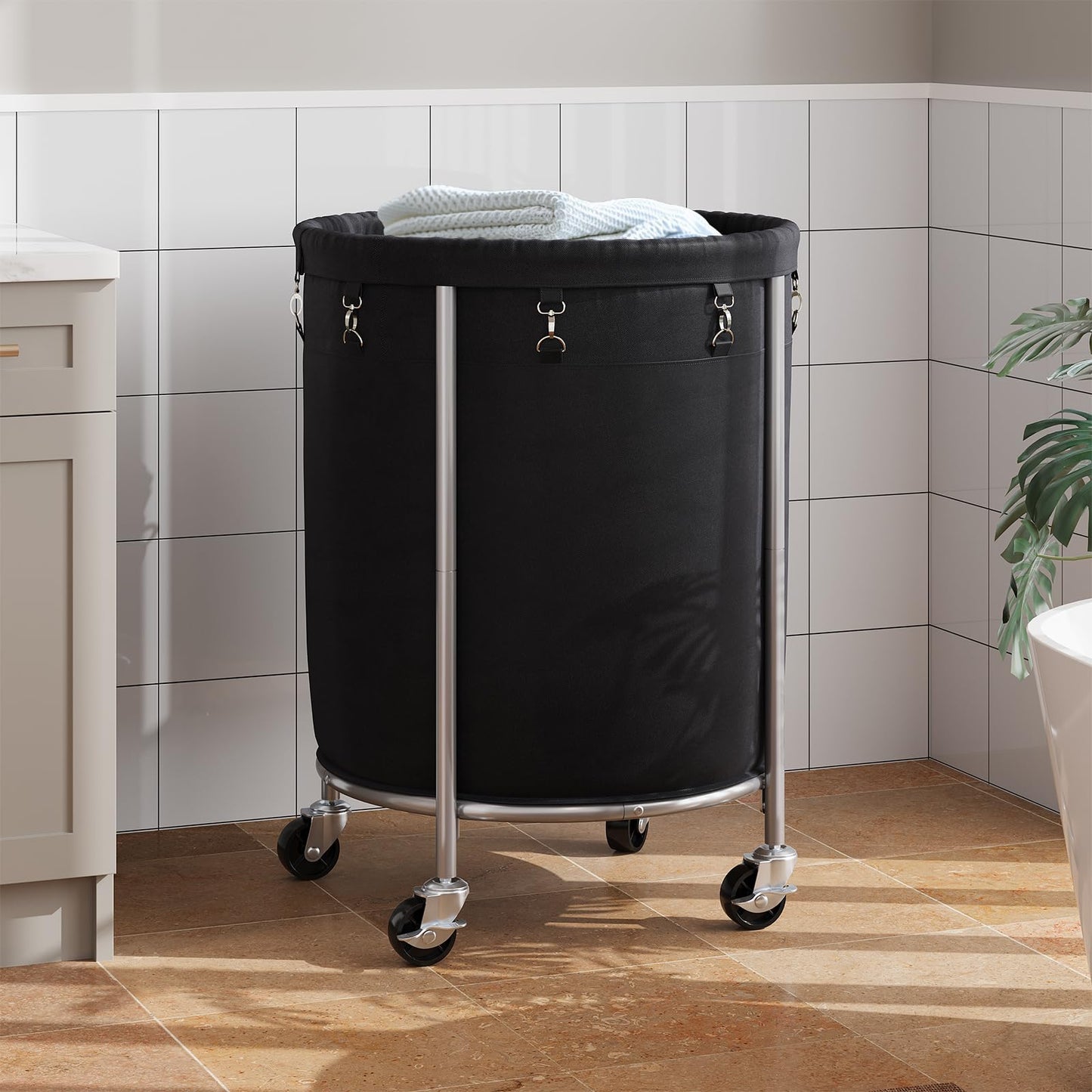 ELYKEN 190L Laundry Basket with Wheels, Large Rolling Laundry Hamper with Removable Liner Bag, Round Rolling Laundry Cart, Dirty Clothes Hamper for Hotel, Home, Closet, Dorm, Black