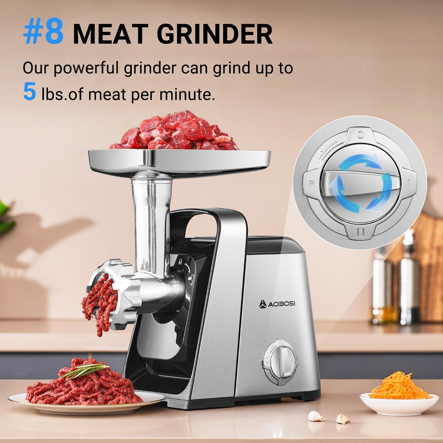 AAOBOSI #8 Meat Grinder, 6-In-1 Meat Grinder Electric [3000W Max] with 4 Slice, Shred Blades,2 Grinding Blades,4 Plates, 3 Sausage Stuffer,Kubbe Kit, Burger Press, 2 Meat Claws, for Home Kitchen Use