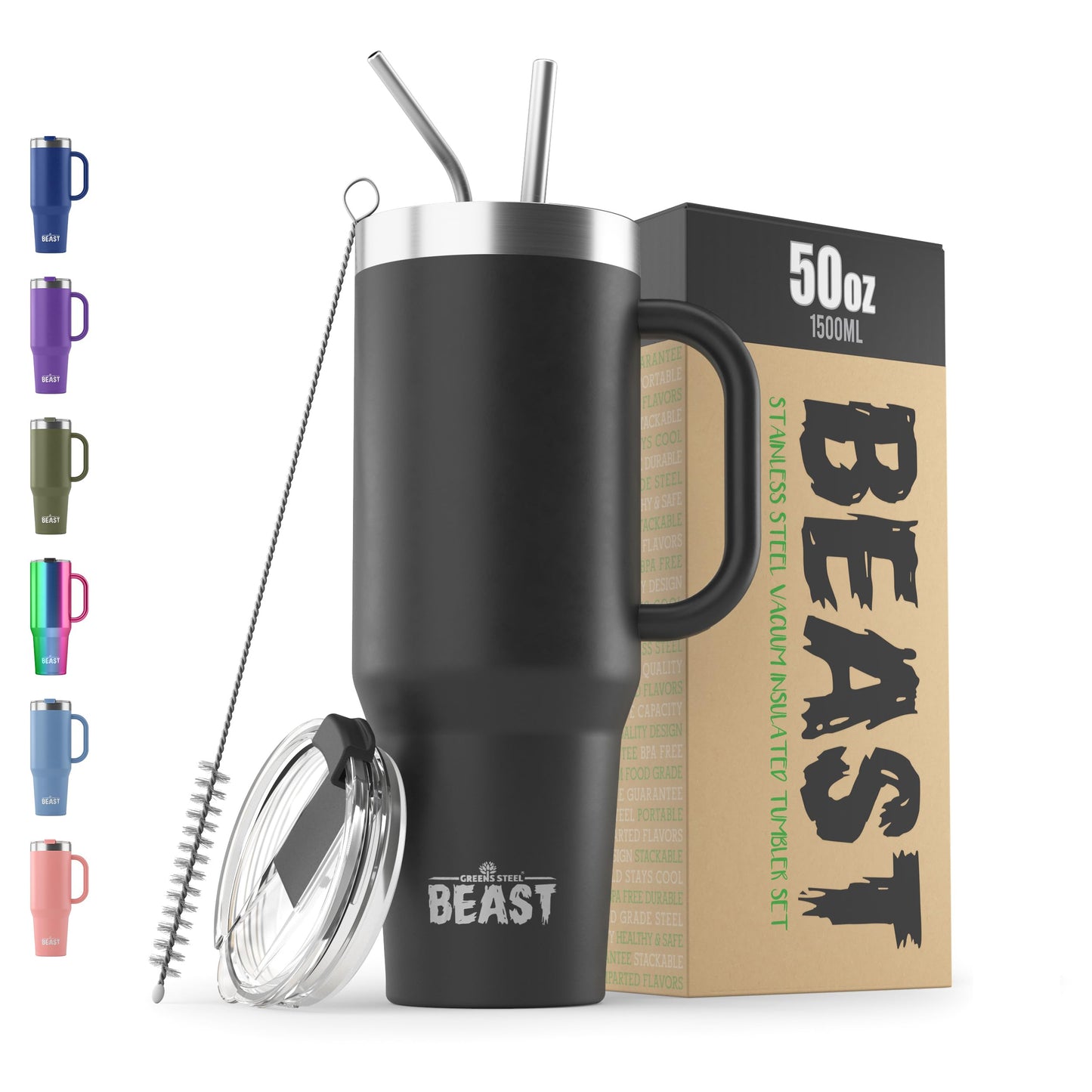 50oz Tumbler with Handle and Straw - Large Insulated Travel Mug for Water, Hot and Iced Coffee - Leak Resistant Stainless Steel Insulated Tumbler with Lid - Gifts for Mom, Women and Men (Matte Black)