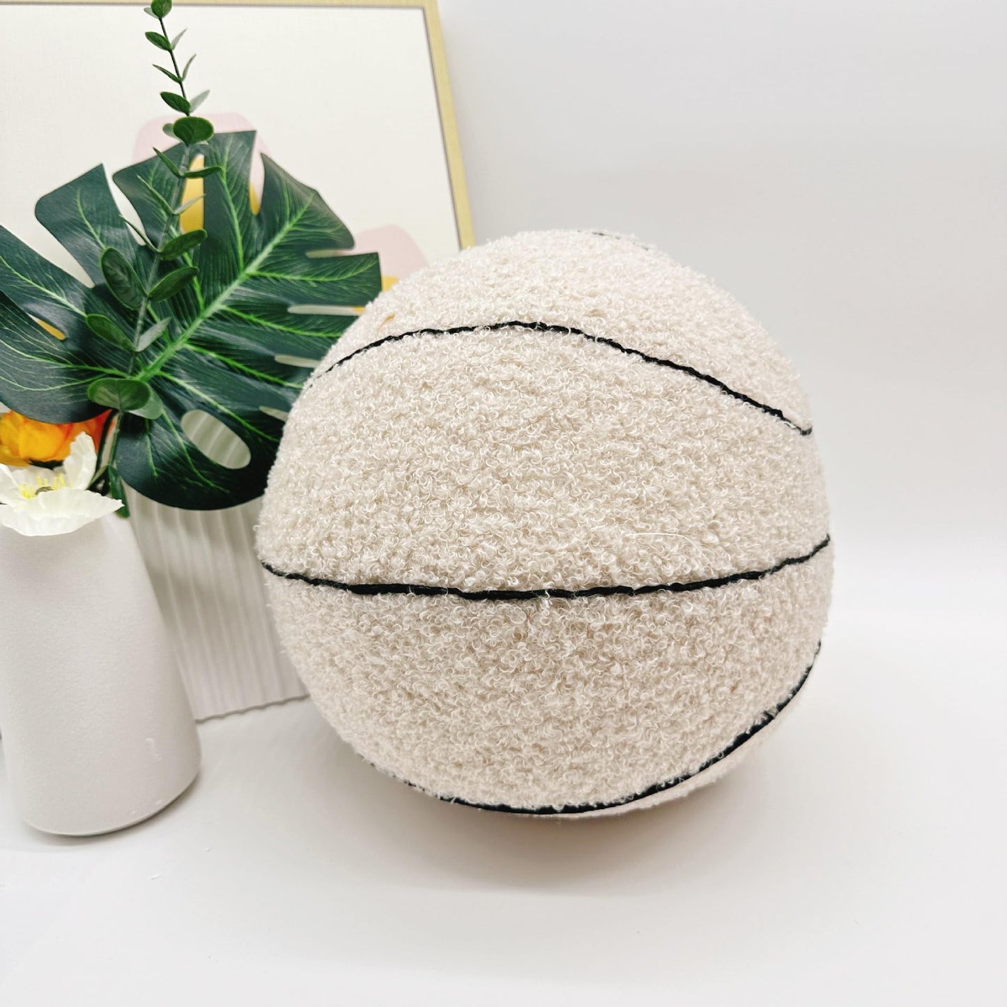 Tezimjia 2023 New Offcourt Basketball Pillow, 11" Basketball Shaped Teddy Fleece Embroidered Throw Pillow Fuzzy Plush Toy Gifts for Kids Boys Girls (Beige)