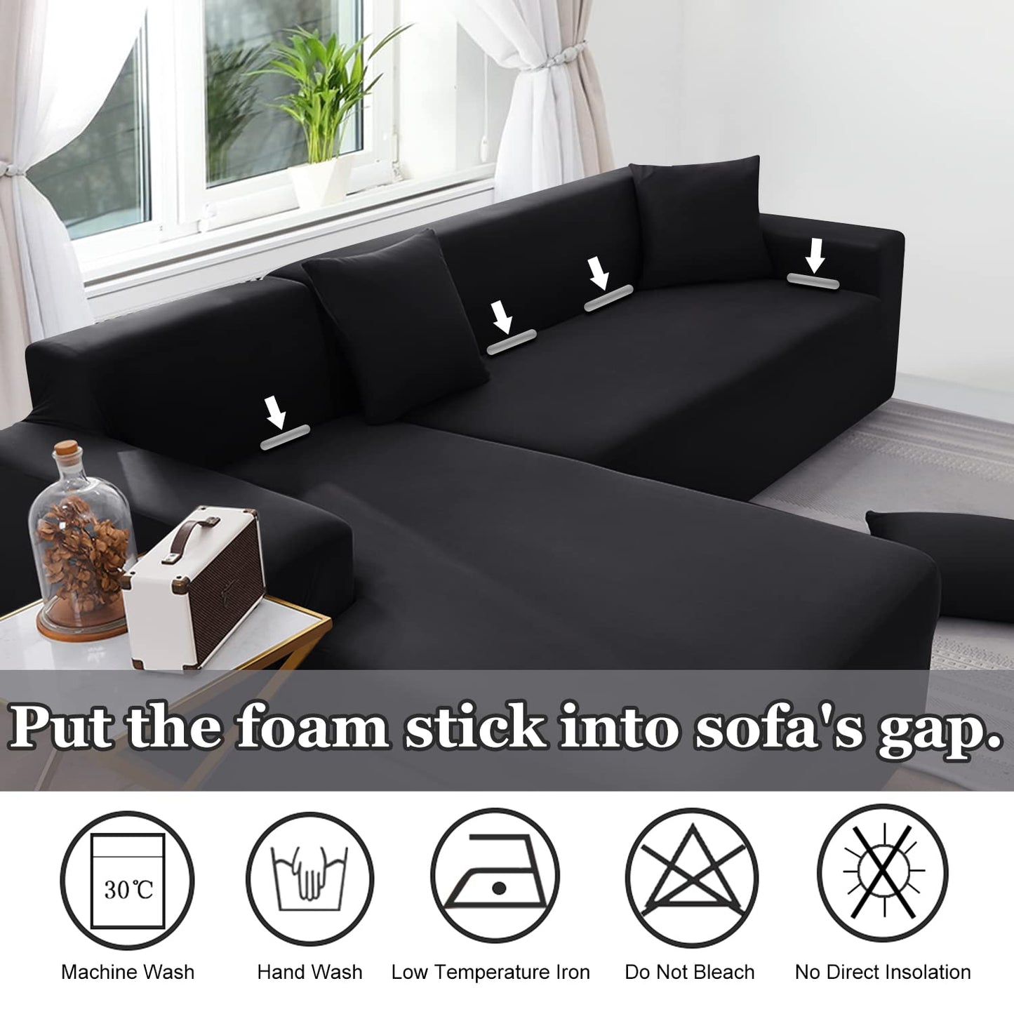 NAISI Couch Cover L Shape 2 Pieces Sofa Cover Soft Stretch Slipcovers with 2pcs Pillowcases Furniture Protector Sectional Couch Covers 3 Seater + 3 Seater(Black)