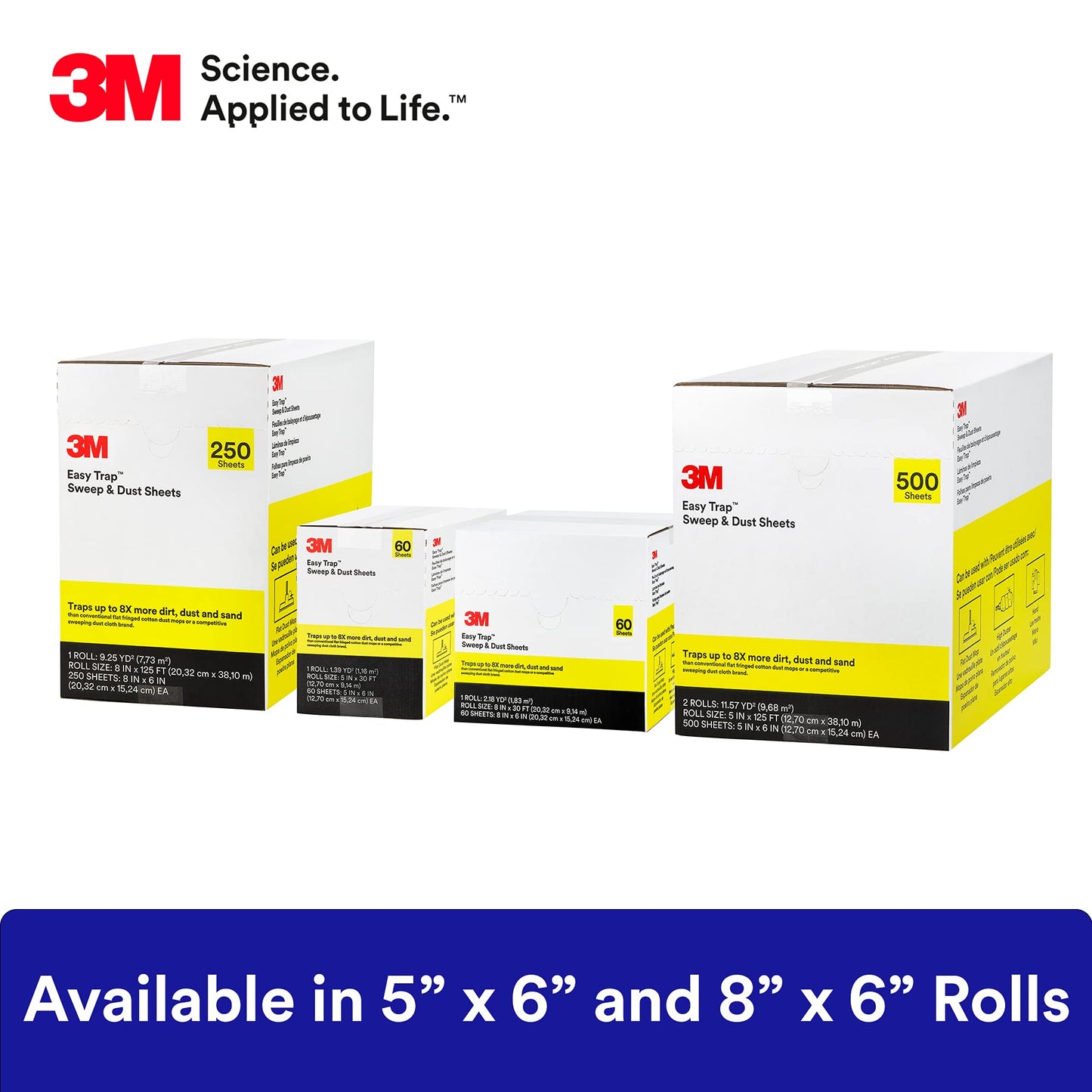 3M Easy Trap Sweep and Dust Sheets, 1 Roll of 250 8" x 6" Sheets, Disposable Easy Sweep Floor Duster, Picks Up 8x More Dirt, Dust, Sand, Hair, Works on Dry or Wet Surfaces, 55654W