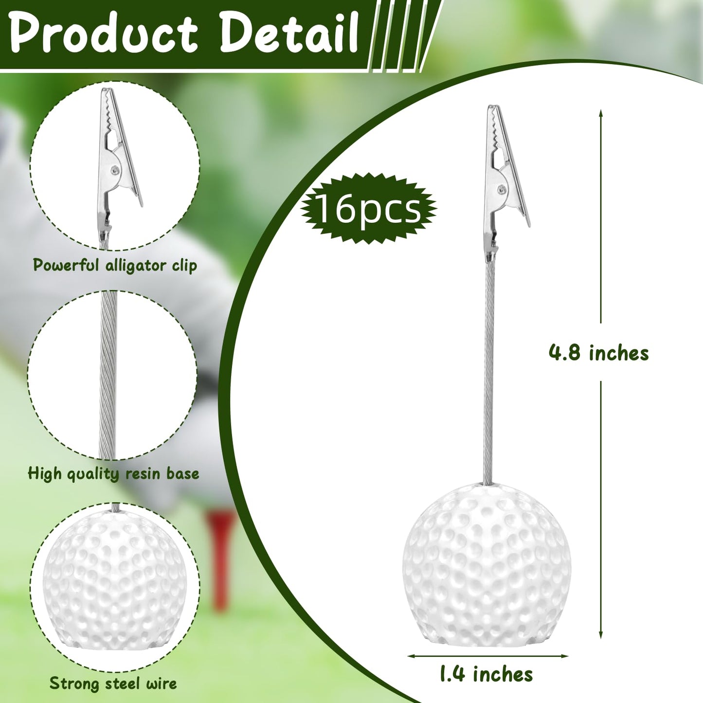 SAYAYA 16 PCS Resin Golf Ball Base Alligator Clip Place Card Holder Golf Ball Shaped Table Number Holder Name Place Card Holder for Office Menu Events Wedding Party