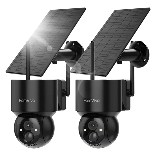 2K Solar Security Cameras Wireless Outdoor, 360°PTZ Battery Powered Cameras for Home Security, 2.4G WiFi Outdoor Camera with Color Night Vision, IP66 Waterproof, Motion Sensor Alarm, Black，2Pack