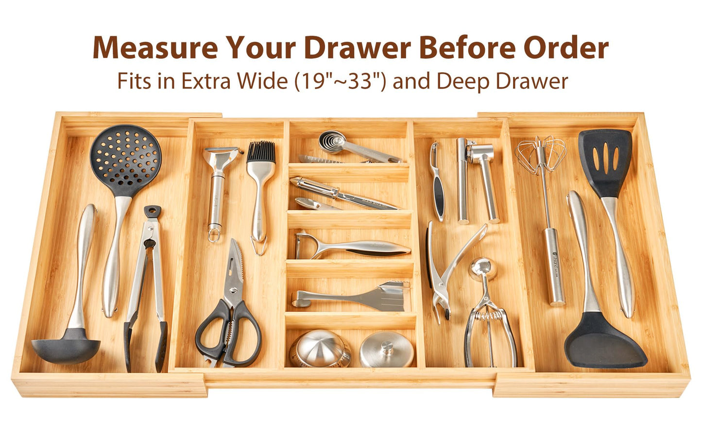 Umilife Extra Large Expandable Kitchen Drawer Organizer for Utensil and Junk, 19" Deep for Big Drawer, 19" to 33" Adjustable Bamboo Wood Drawer Divider, Cutlery Tray, Flatware Holder