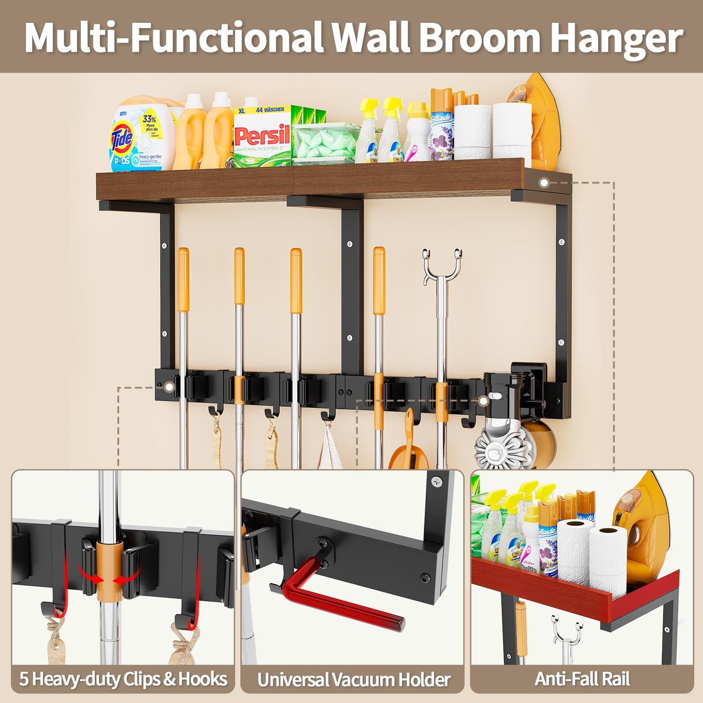 Broom Holder Wall Mount with Cleaning Supplies Organizer, Laundry Room Shelves with Mop Hanger Rack Gripper Hooks and Vacuum Organizer, Broom and Mop Organizer Wall Hanging for Home Garage Kitchen