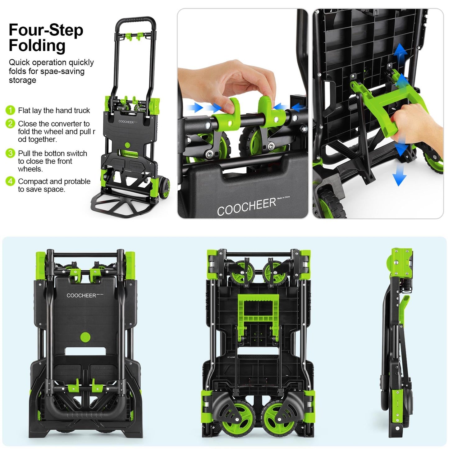 330LB Folding Hand Truck Moving Dolly, Hand Trucks Heavy Duty Combination of 4 Wheels and 2 Wheels Convertible Dolly Cart with Retractable Handle Dolly for Moving Office Carts(Green)