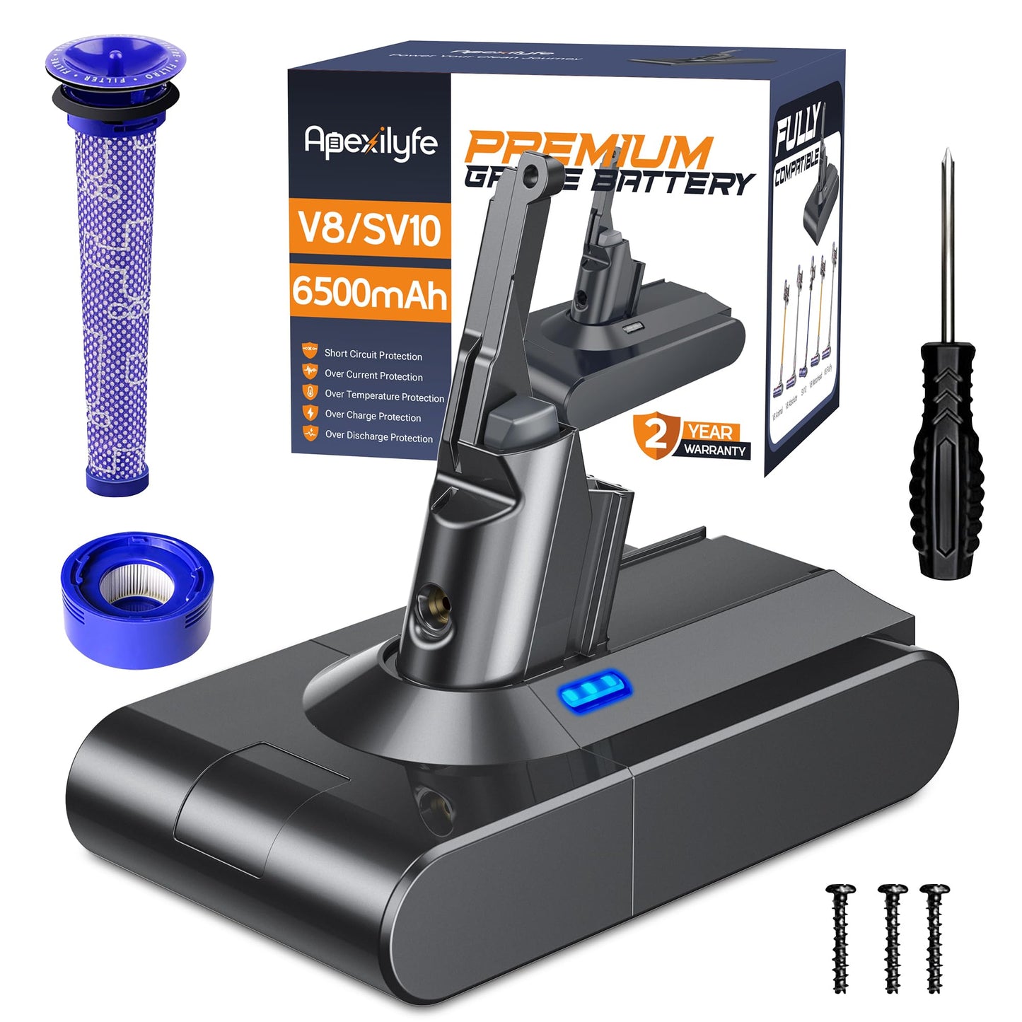 Apexilyfe Upgraded 21.6V V8 Battery Replacement Compatible with Dyson V8 Animal/Absolute/Motorhead/Fluffy SV10 Vacuum Cleaner, Includes 2 Filters&3 Screws