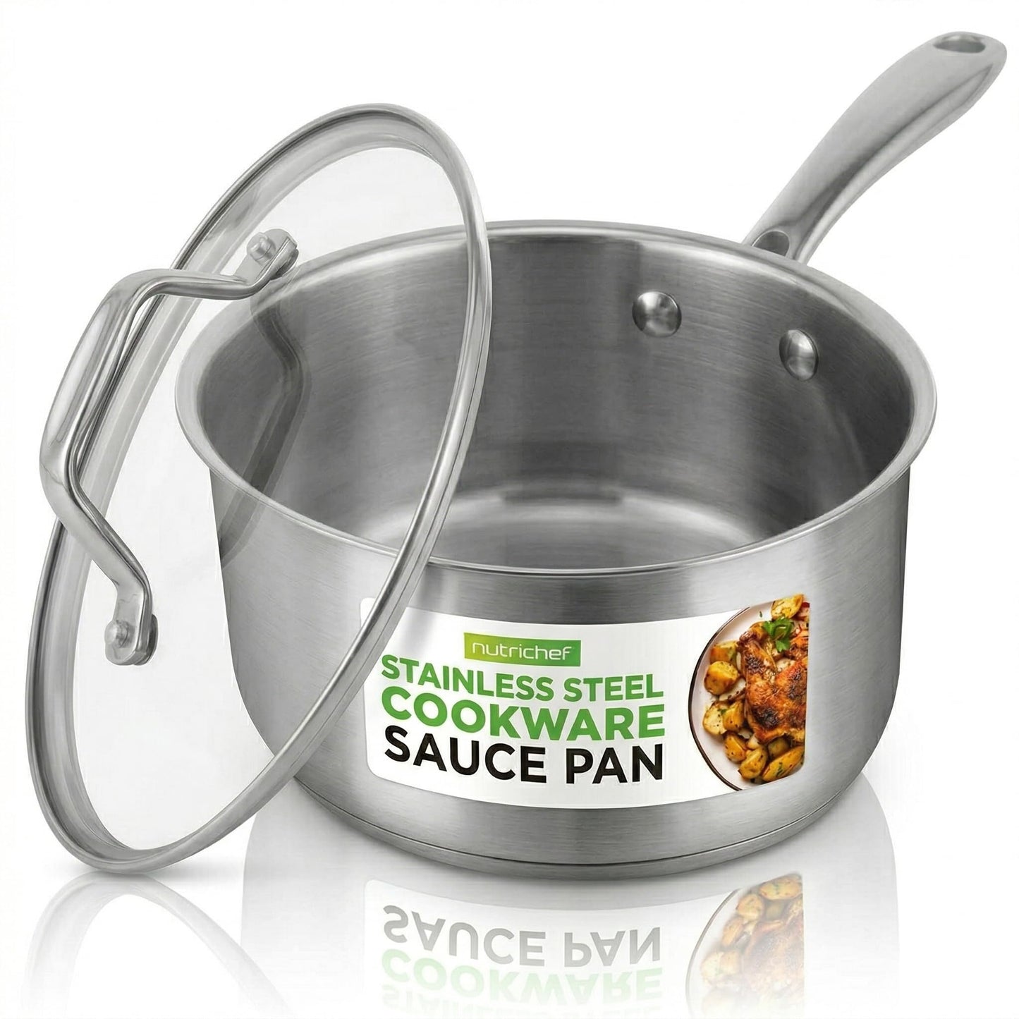 NutriChef 2 Quart Stainless Steel Saucepan with Lid - Heavy Duty Pot with Ergonomic Handles, For All Cooktops