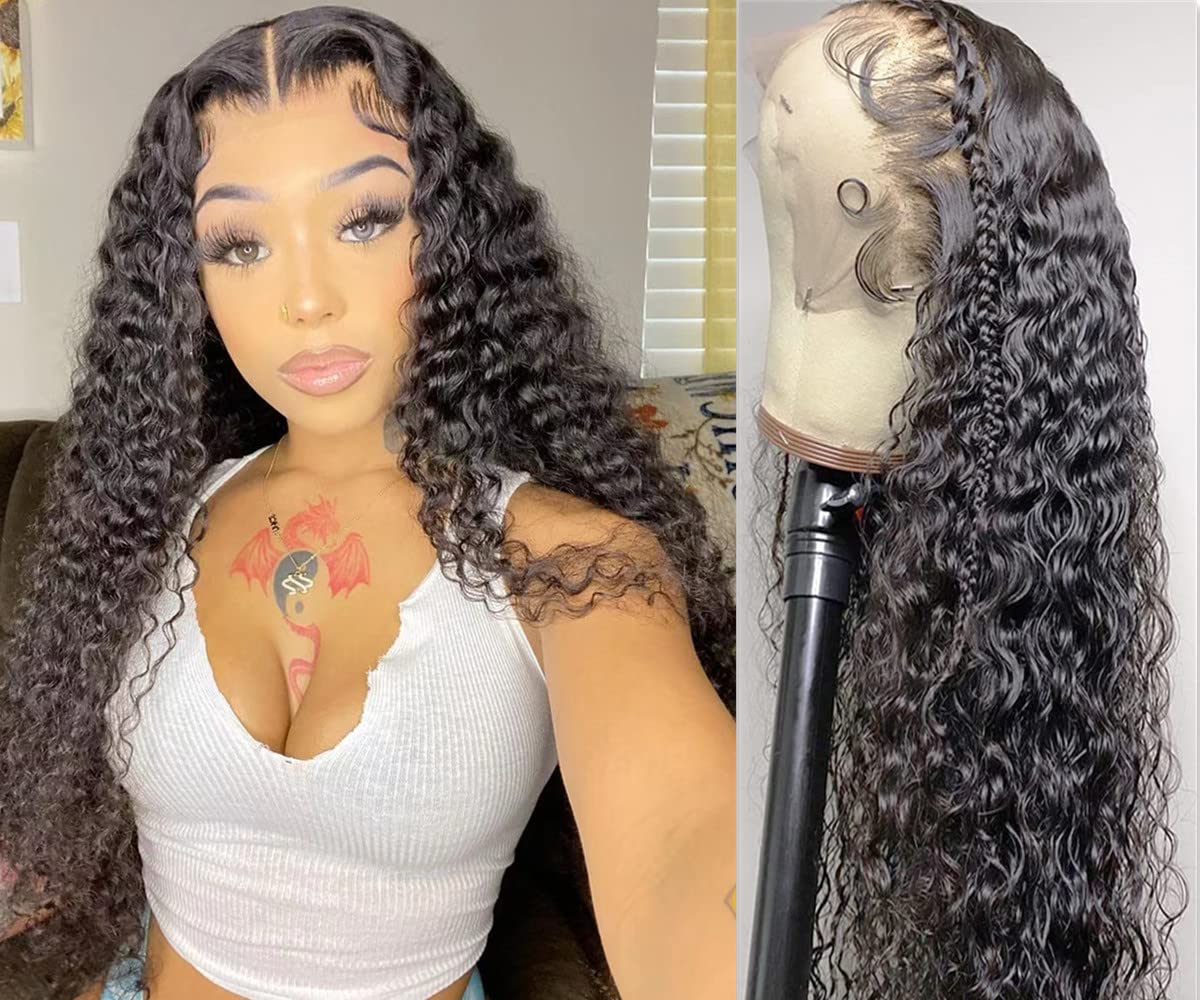 Ksfull 13x4 Deep Curly Lace Front Wigs Human Hair Wet and Wavy Water Wave Human Hair Wigs (13x4 deep wave lace closure wigs, 32 Inch)