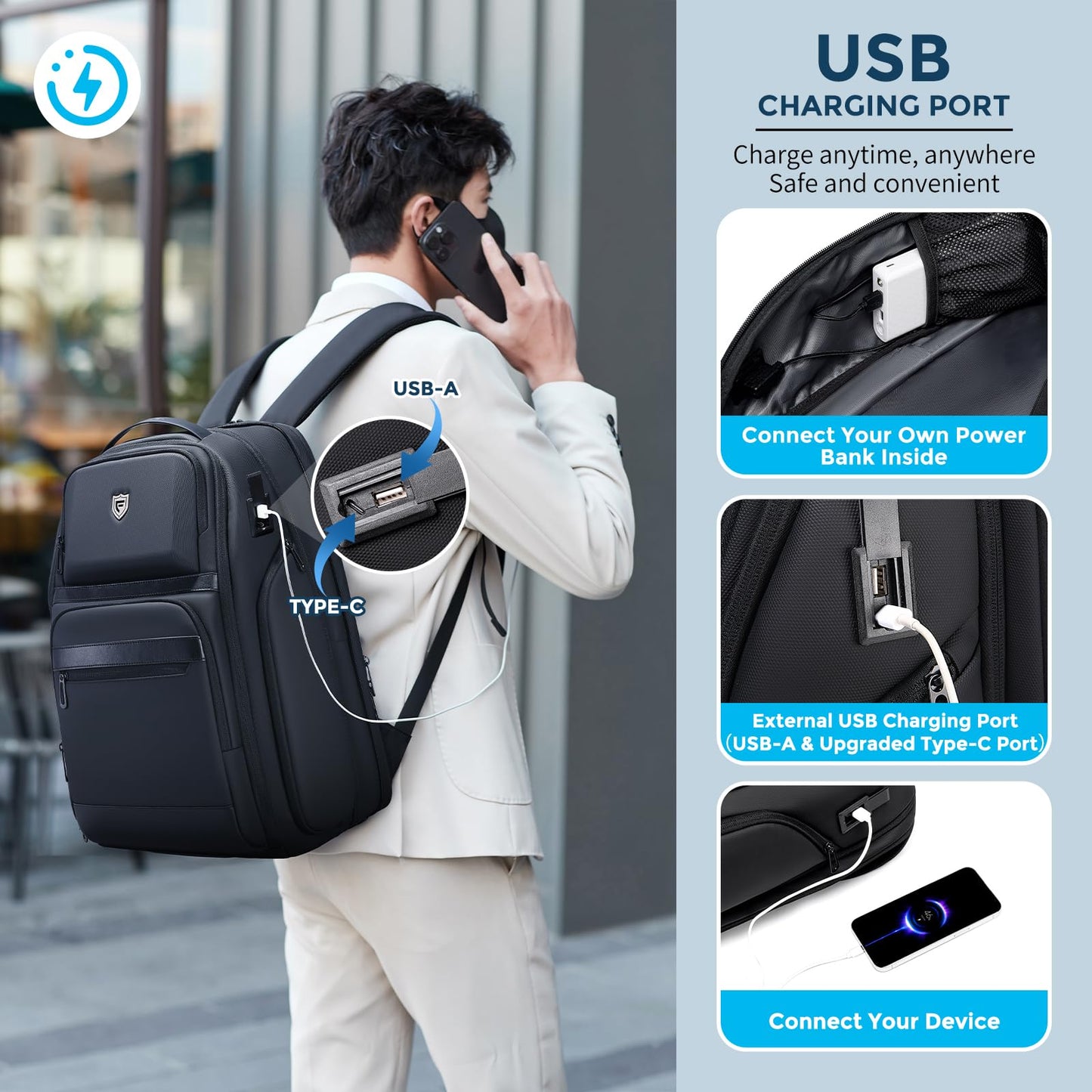 Fenree.geer Travel Laptop Backpack for Men, Expandable Water Resistant 15.6 Inch Computer Backpack with USB Port, Mens Hardshell Laptop Bag for Business/Work/College, Black