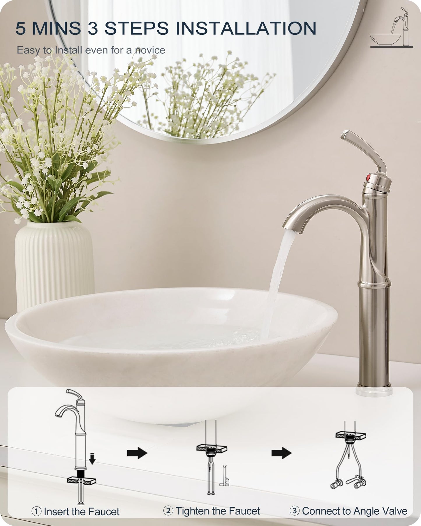 HOIGY Brass Vessel Faucet Brushed Nickel, 1 Hole Tall Faucet for Bathroom Sink with Single Handle, Pop Up Drain & cUPC Water Hoses, Classic Aerator Style for Vessel Sink, 5 Mins Quick Installation