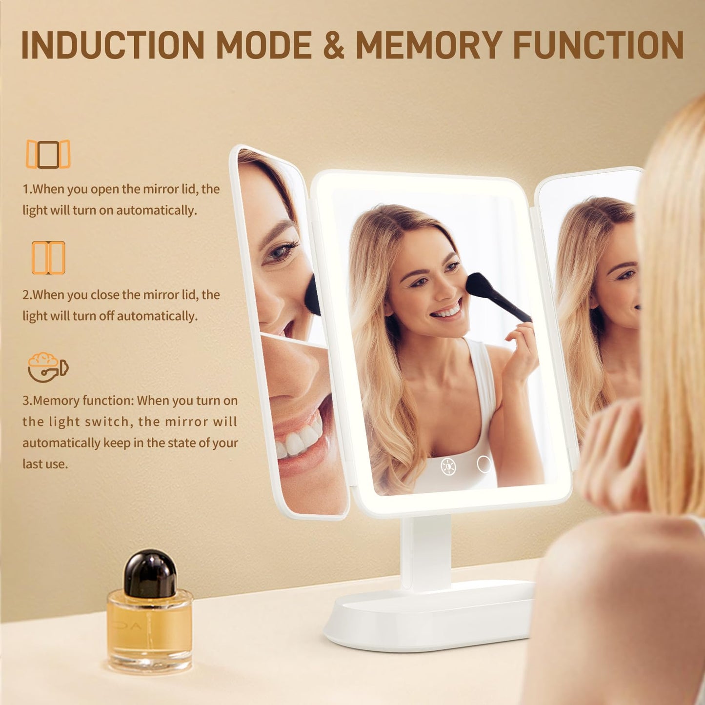 FRANO Makeup Mirror with Lights, Rechargeable Tri-Fold Magnifying Mirror,Touch Screen and 3X/5X/10X Magnification, Travel Mirror