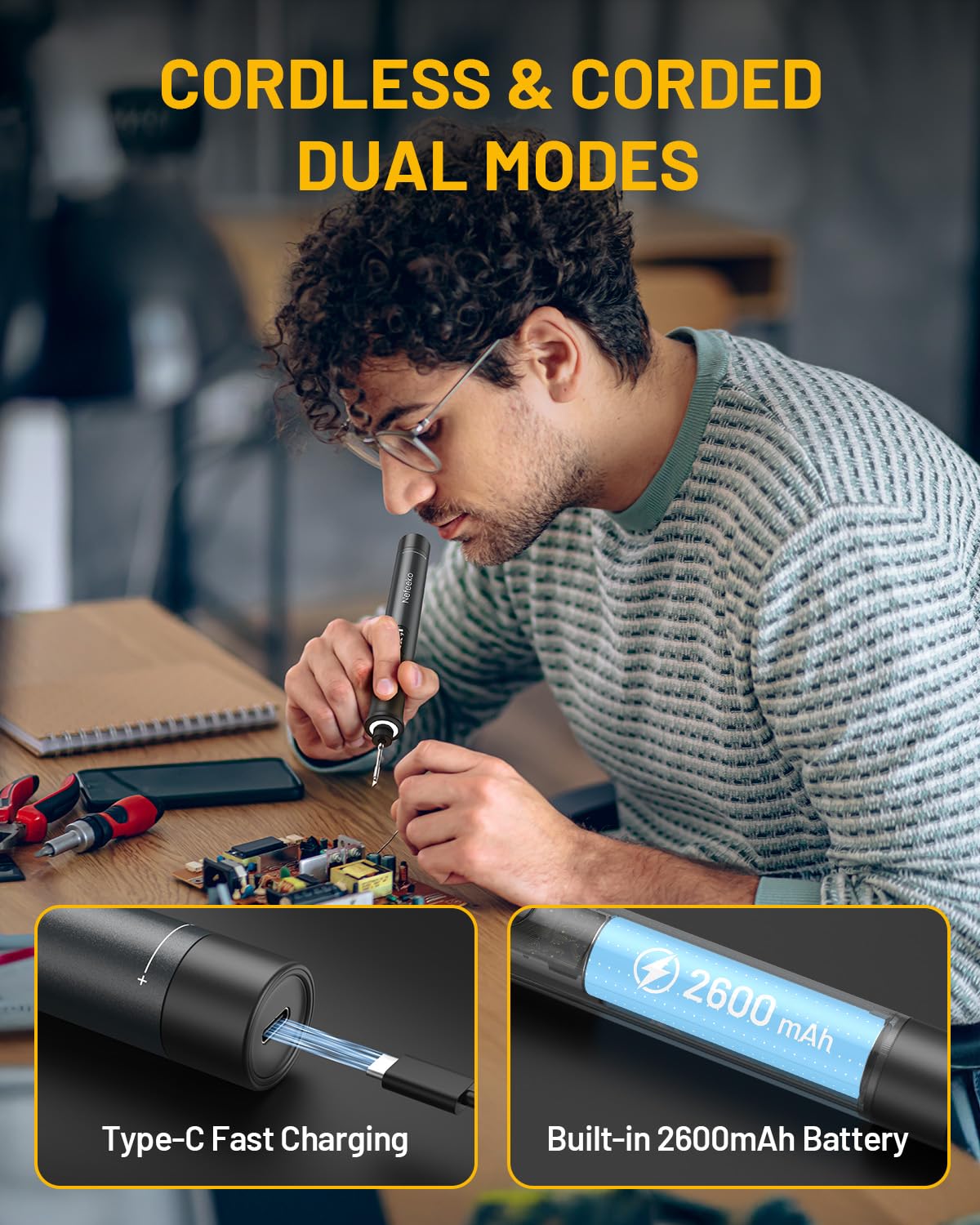 Nefeeko Cordless Soldering Iron Kit, Rechargeable Soldering Iron with Stand, 7s Fast Heating, Auto Sleep/Off, C210 Soldering Iron Tips, Portable Soldering Pen Soldering Gun Kit for Electronics Repair