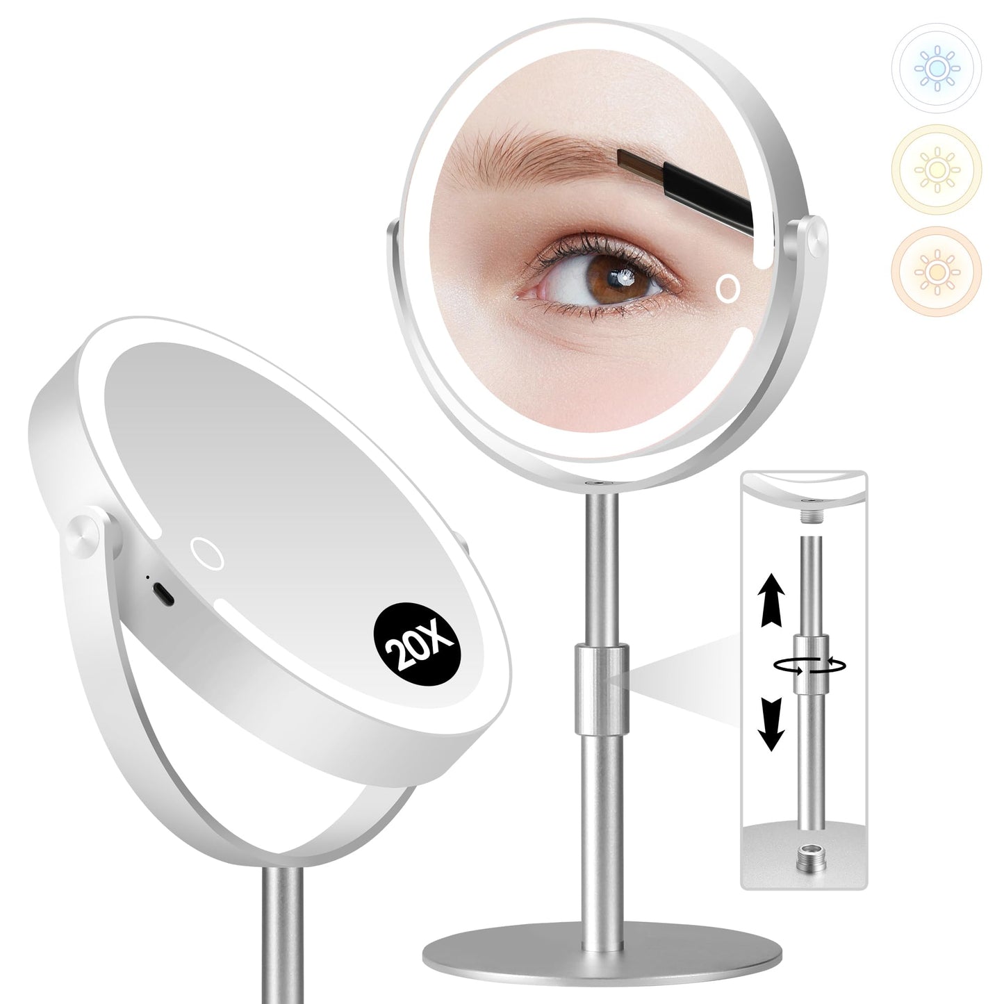 PEDOMIROR Magnifying Mirror with Light, Lighted Make Up Mirror 20x, Rechargeable 2000mAh Led Makeup Mirror, Height & Brightness Adjustable Desk Makeup Mirror, 360°Rotation & Touch Screen (Silvery)