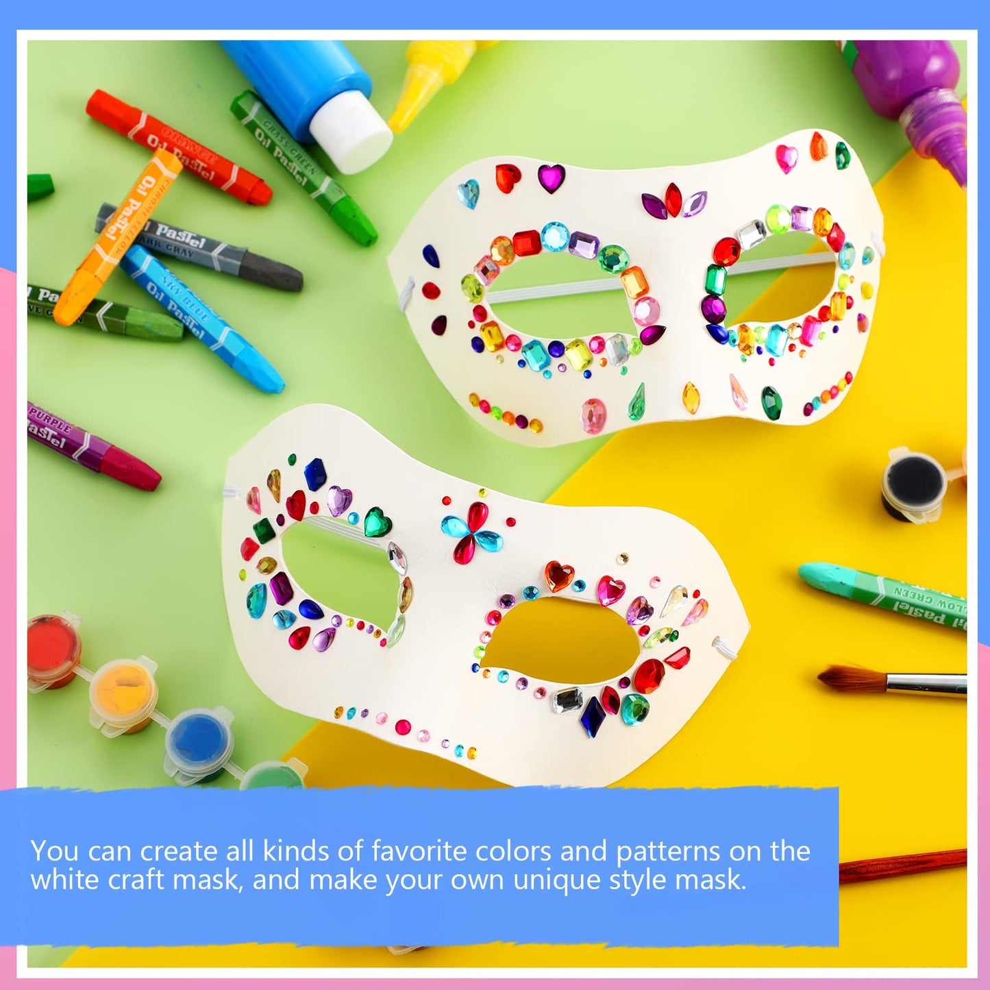 Leyndo 24 Pack Paper Mache Mask Masquerade Mask and Gem Stickers Mardi Gras Blank to Decorate Self Adhesive Sticker White Craft