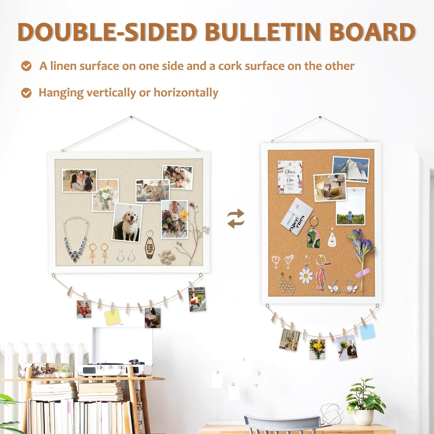 AMUSIGHT Double-Sided Large Cork Board with Linen, 36" x 24" Hanging Wood Framed Bulletin Board, Picture Display Vision Board Corkboards for Wall Room School Office Decor, 20 Pushpins,1pack