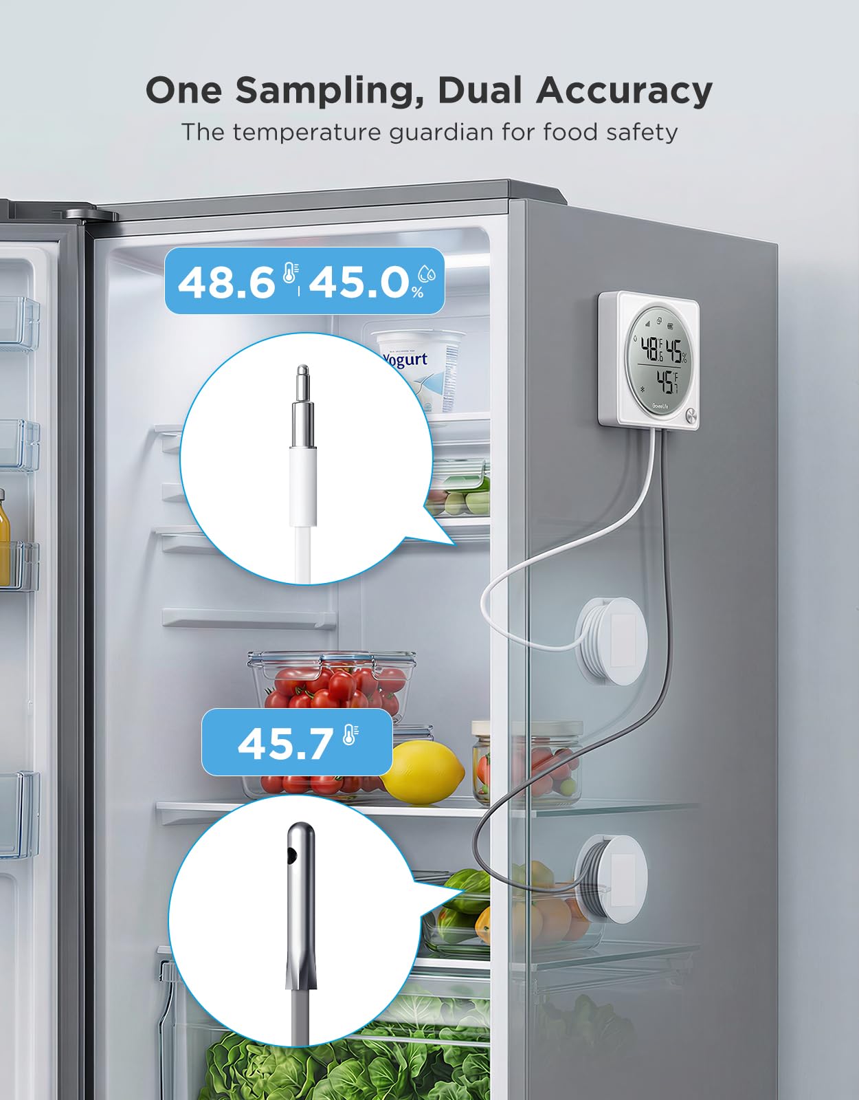 GoveeLife 2.0 WiFi Refrigerator Thermometer with Dual Probes, 1840ft Ultra-Long Range, Temperature & Humidity, Large LCD Display, Freezer Alarm, App Notification for Fridge, Kitchen, Farming