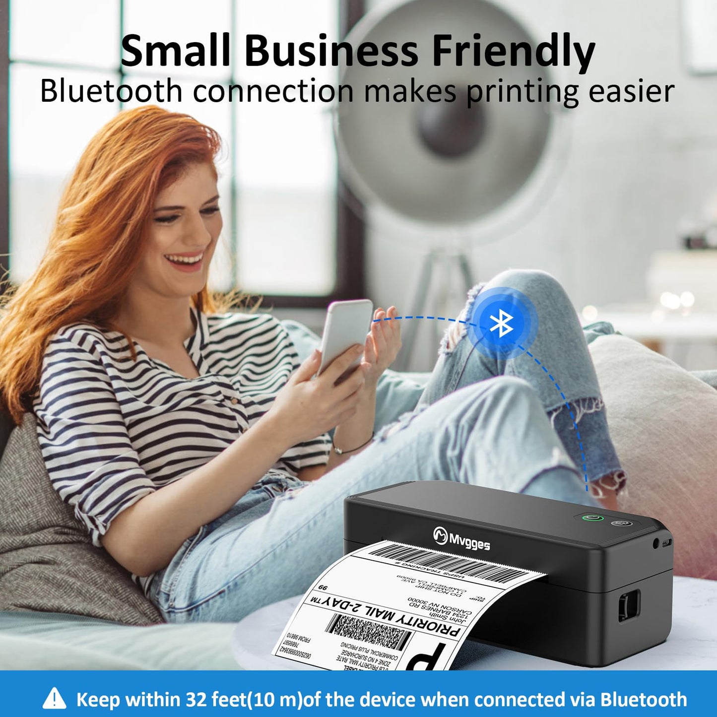 Mvgges Shipping Label Printer,Bluetooth 4x6 Thermal Label Printer for Small Business Office or Home, Compatible with Android, iOS, Windows and Mac, Widely Used for Amazon,Ebay,USPS,Etsy