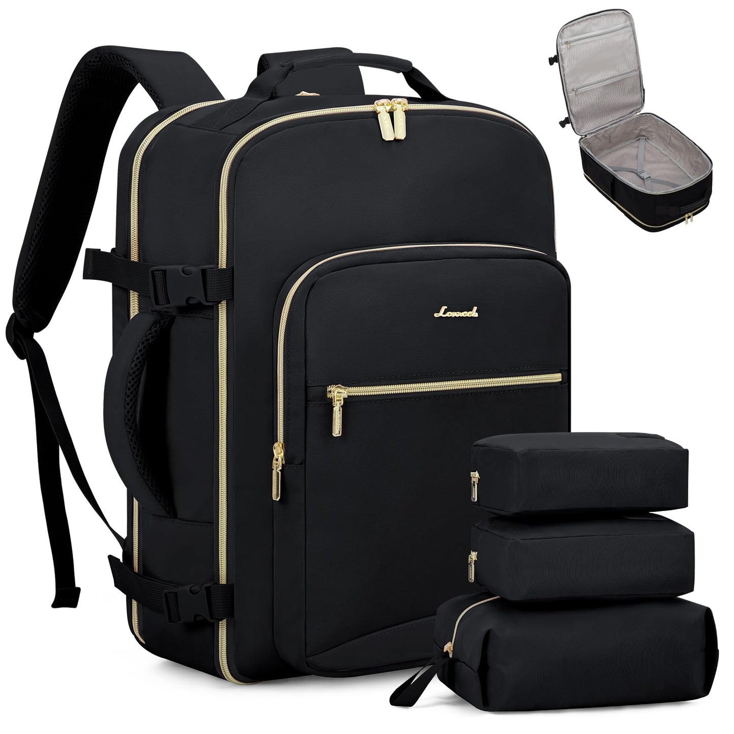 LOVEVOOK Travel Backpack for Women & Men 50L,Airline Approved Carry On Backpack Travel Essentials,TSA Carry on Luggage,Waterproof Personal Item Travel Bag,Suitcase with 3 Packing Cubes,Black-Black