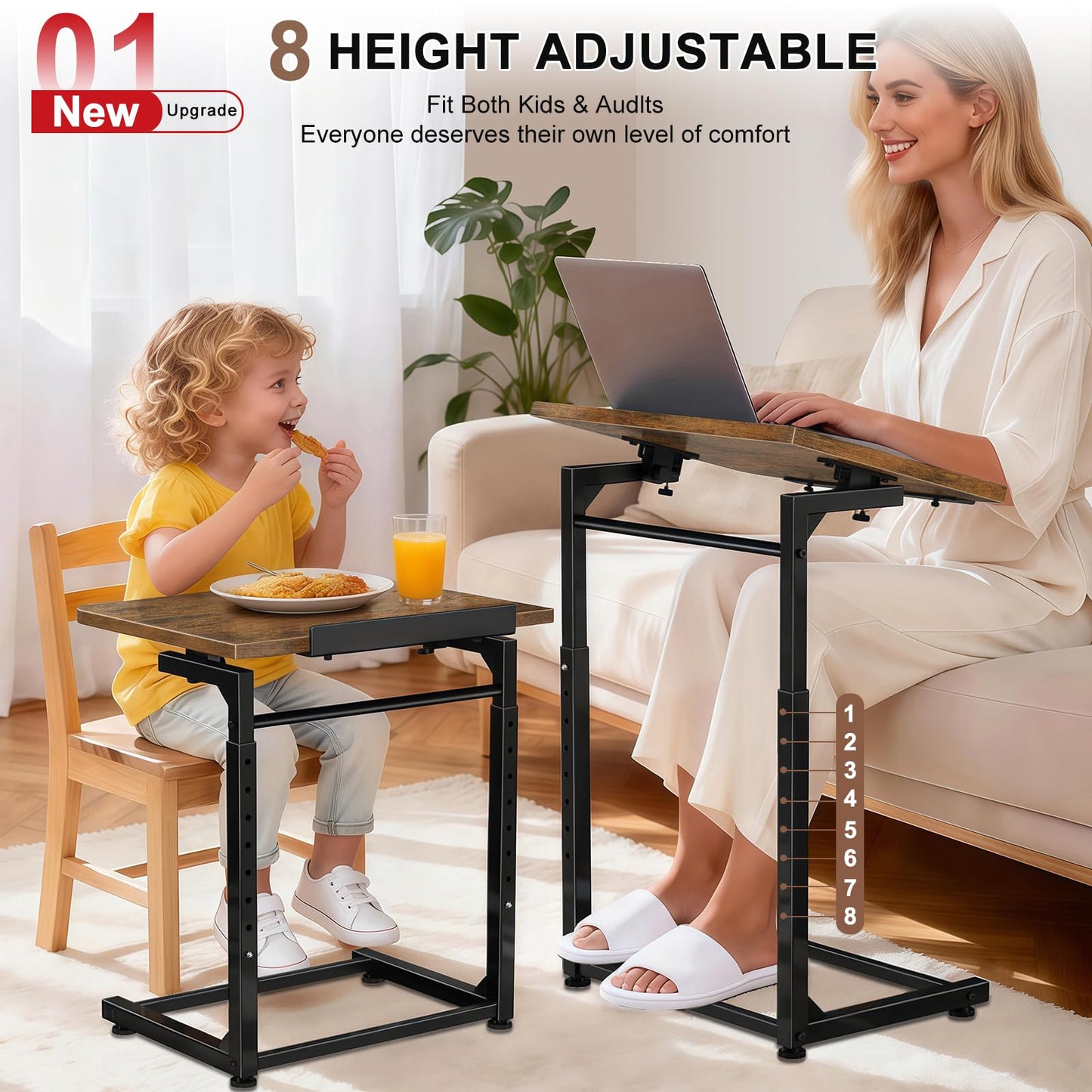 Tv Tray Table, Adjustable Height Couch Narrow Side Table,90° Tilt Angle foldable End Table, Laptop Table with Phone & Tablet Slot Dinner Tray Desk for Recliner/Sofa/Bed/small Living Room (Brown)
