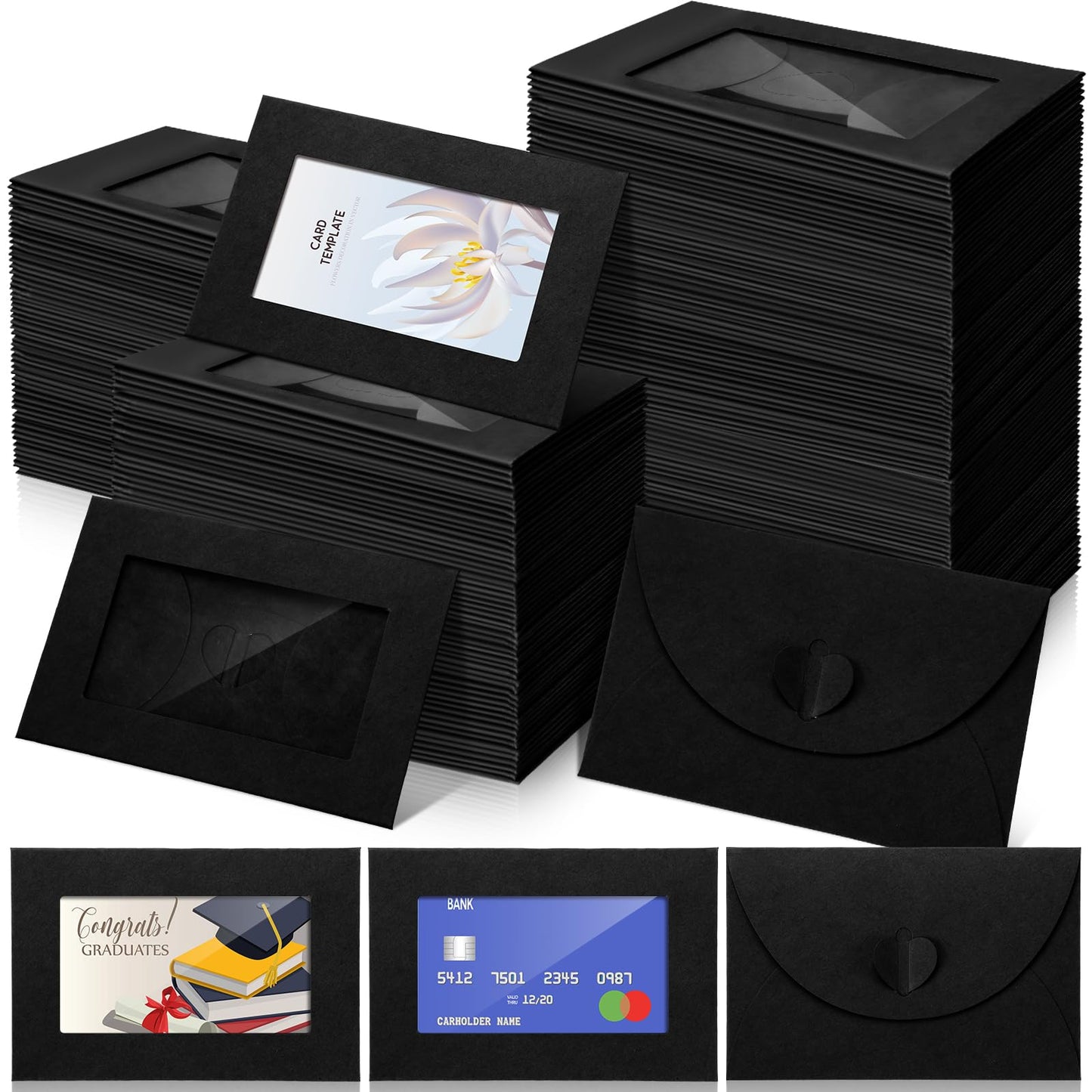 Uiifan 300 Pcs Window Gift Card Envelopes 4 x 2.8 Inch Gift Card Sleeves Mini Envelopes with Heart Shaped Clasp for Business Party Invitation (Black)