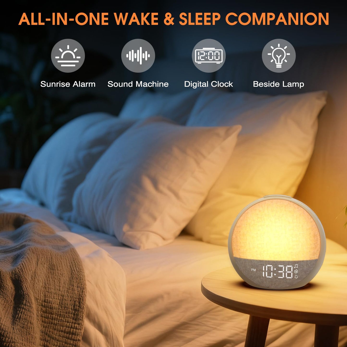 Sunrise Alarm Clock, White Noise Sound Machine with 30 Soothing Sounds, Dimmable Night Light, Natural Sunlight Lamp Gentle Wake Up Light for Bedrooms, Kids, Heavy Sleepers Adults, Baby, Ideal for Gift
