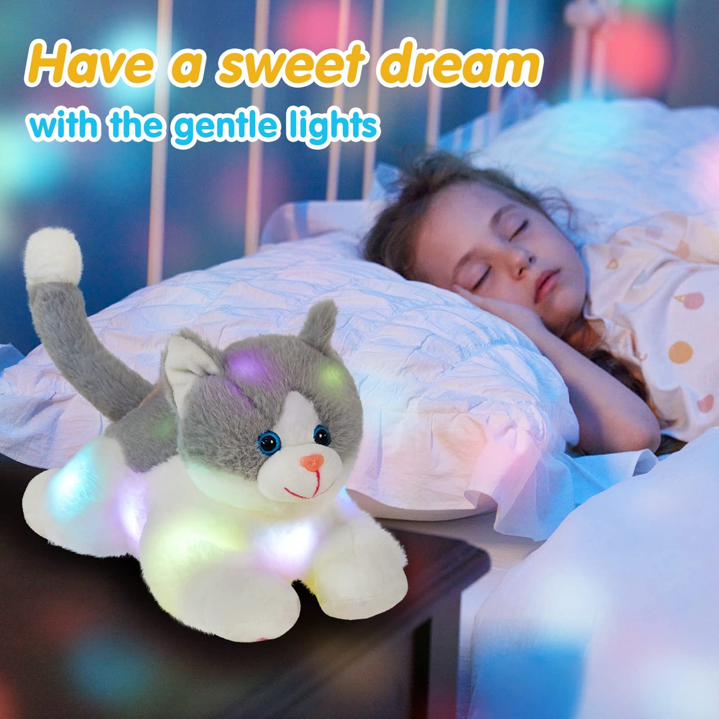 Houwsbaby Light up Kitty Stuffed Animal Cat Floppy LED Plush Toy Kitten Night Lights Glow Pillow Birthday Gifts for Kids Toddler Girls (Style 1)