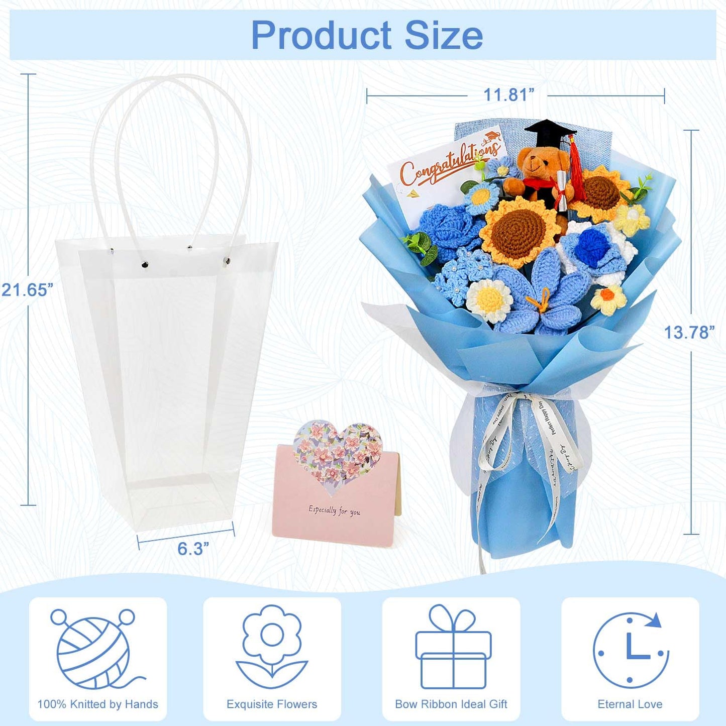 Crochet Graduation Flowers Bouquet, Handmade Graduation Bouquet for Class of 2026 Gift, Ideas for Congrats Grad Gifts, Teacher Appreciation Gifts, Christmas, Birthday, Graduation Gift (Large-Blue)