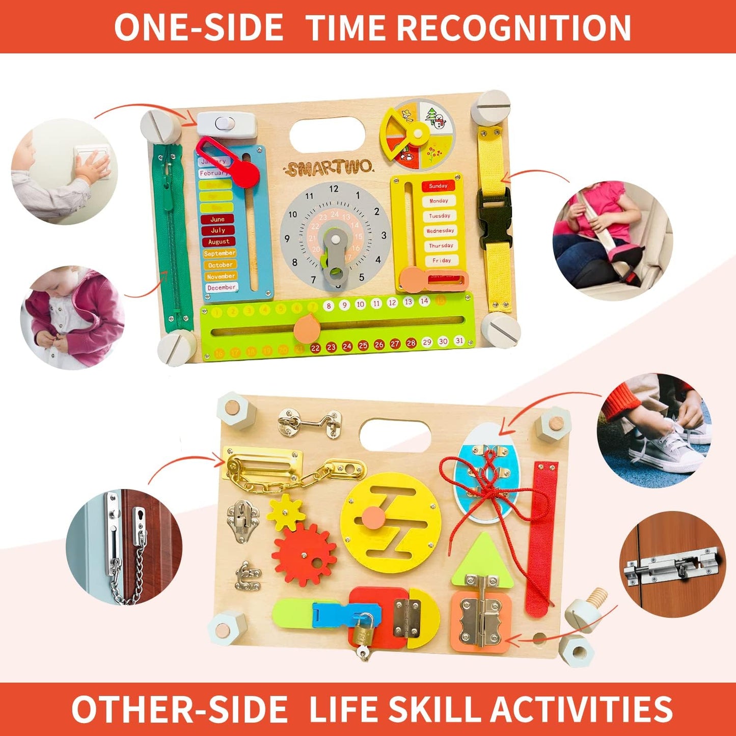 Smartwo Double-Sided Busy Board, Montessori Activities Wooden Sensory Toy for Preschool Educational Learning, Train Fine Motor, Concentration, and Life Skill Abilities for Kids 3+ Years Old