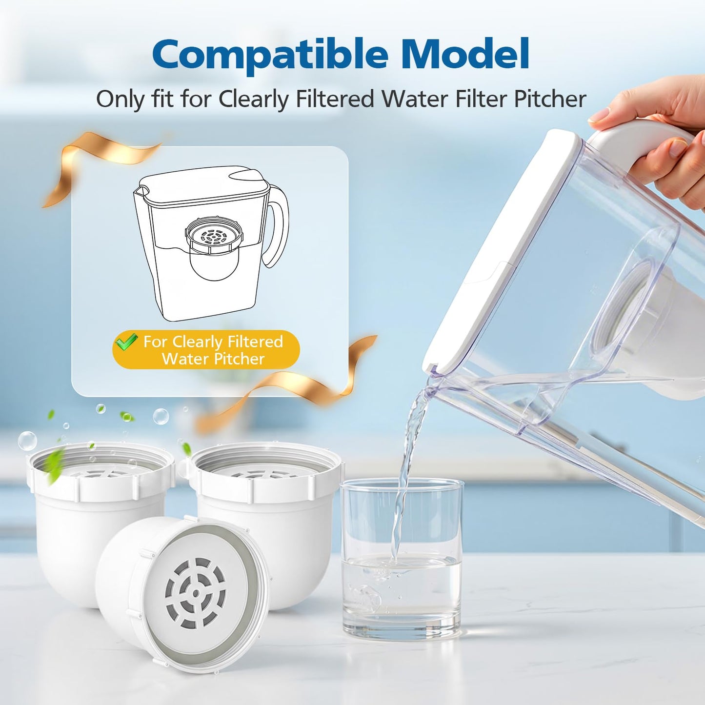Water Pitcher Replacement Filter Compatible with Clearly Filtered No.1 Filtered Water Pitcher, High-Efficiency Coconut Shell Activated Carbon for 365+ Contaminants, 3 Pack Filters + 1 Pre-rinse Bag