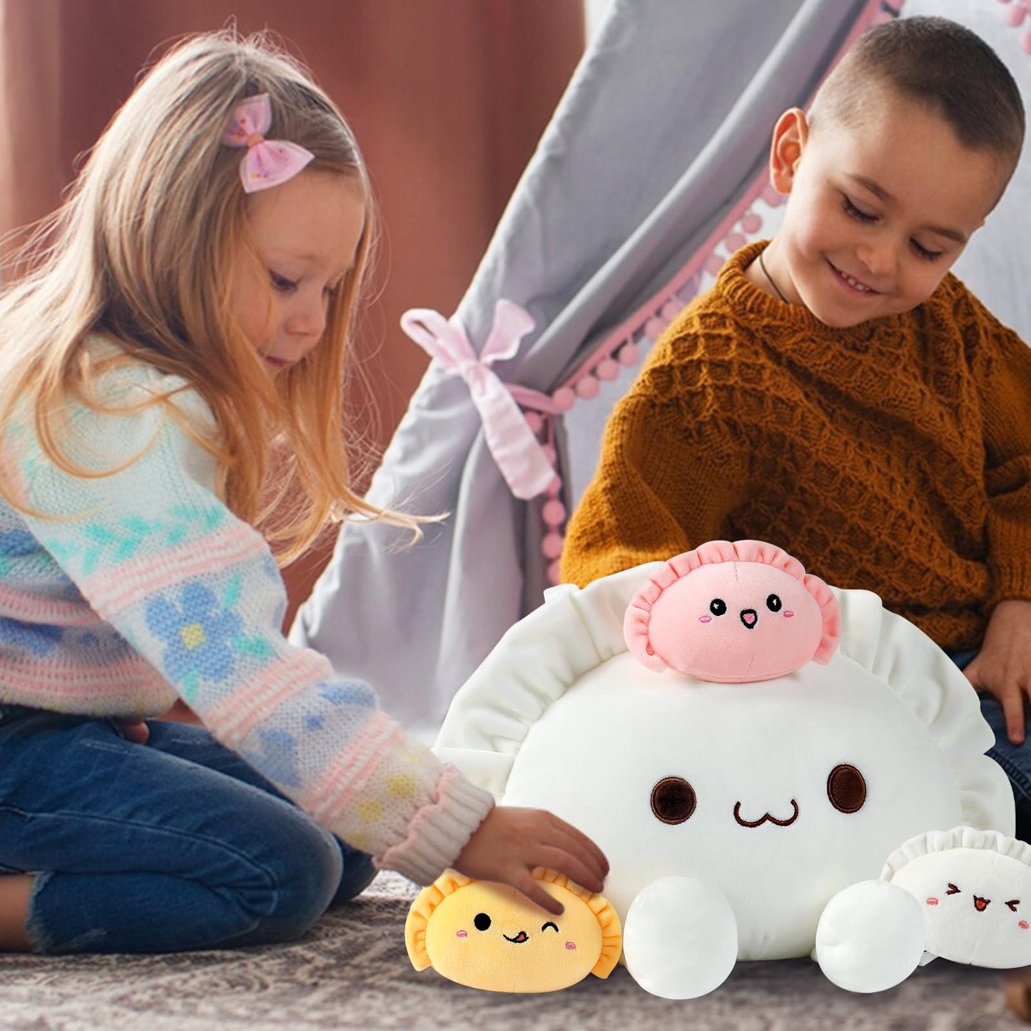 Ditucu Cute Pierogi Pillow Dumpling Plush Mommy 14 inch with 3 Littles 4 inch Family Food Shaped Stuffed Animal Plushies Toys Gifts for Kids