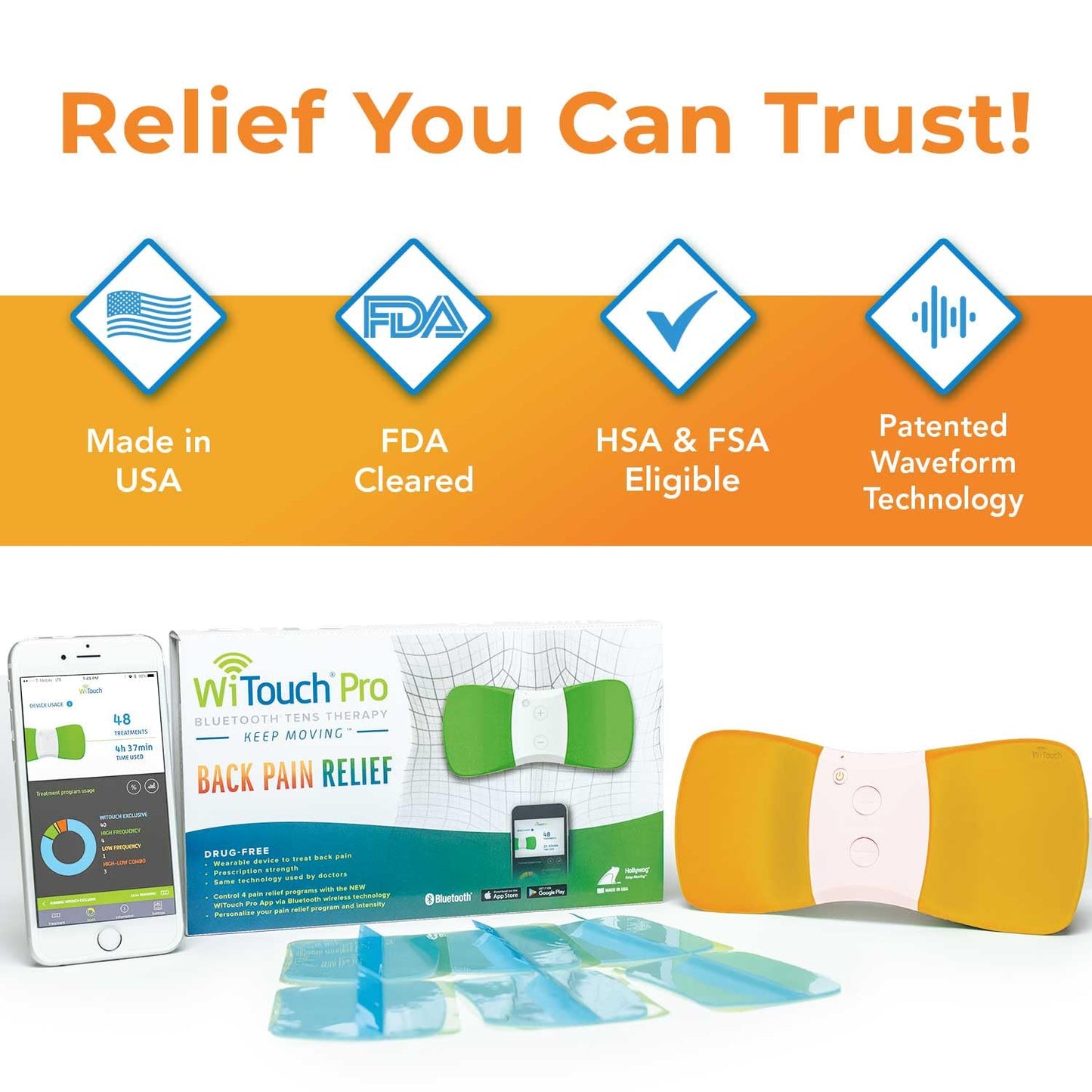 WiTouch Pro TENS Unit for Back Pain Relief & Recovery, Wireless, Wearable Muscle Stimulator, Made in USA, Gel Pads Included
