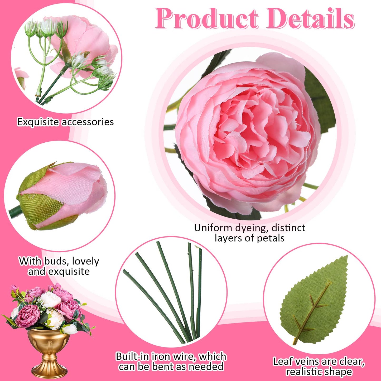 Hoteam 24 Bundles Artificial Peonies Flowers Wedding Faux Flowers Silk Peony Bouquet Bulk Bride Fake Florals Arrangements for Table Centerpieces Wedding Party Vase Decor (Light Pink, White)