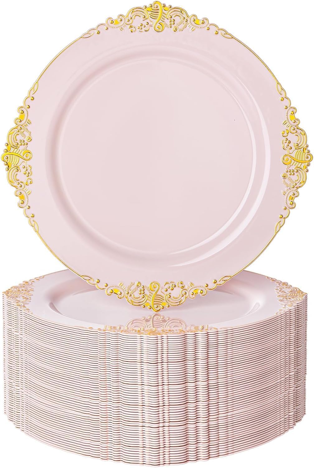 Nervure 100PCS Pink and Gold Plastic Plates - 10.25Inch Pink Disposable Plates - Plastic Dinner Plate for Weddings & Parties