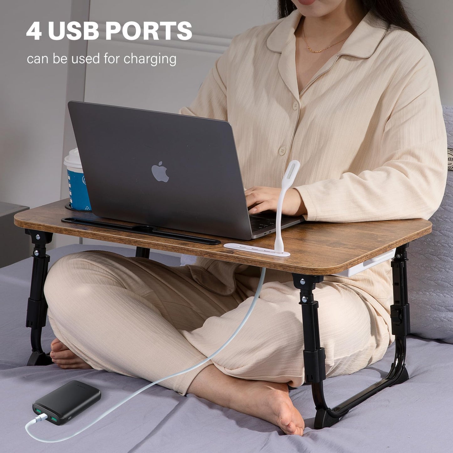 BYMECOST Laptop Desk for Bed, Height Adjustable Laptop Bed Table, Foldable Portable Lap Desk Stand with USB/Storage Drawer/Cup Holder/Slot, Breakfast Tray for Working Reading Writing Eating