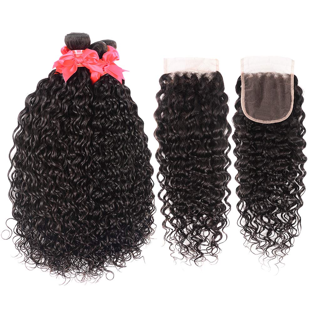 Wet and Wavy Bundles with Closure (10 12 14+10) 8A Unprocessed Water Wave Hair 3 Bundles 100% Virgin Brazilian Human Hair Bundles with Closure Can Be Dyed