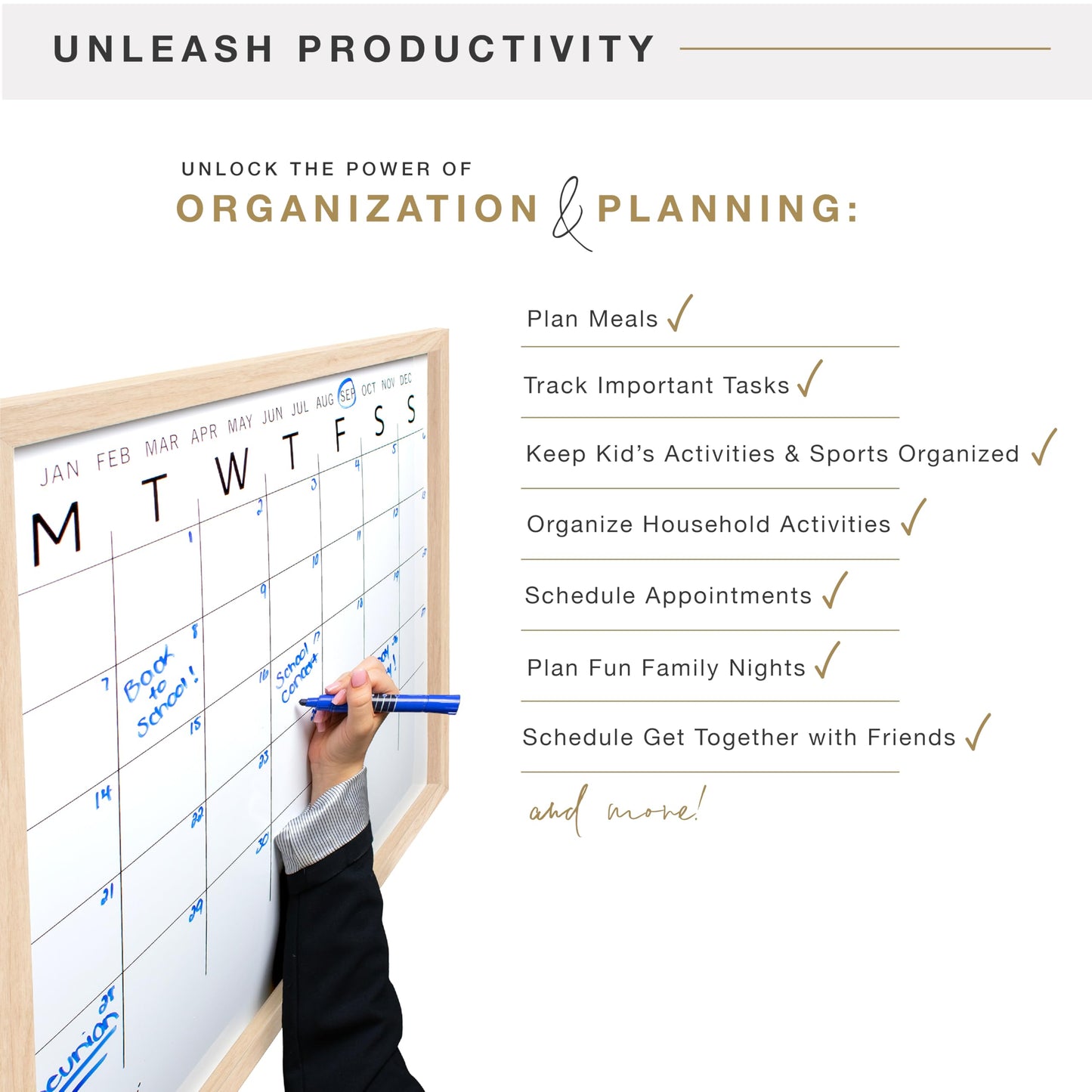 MCS Dry Erase Calander 24x24 Natural Framed Monthly Calendar for The Wall, Stay Organized with Family Planner for Appointments, Sports, Events & More