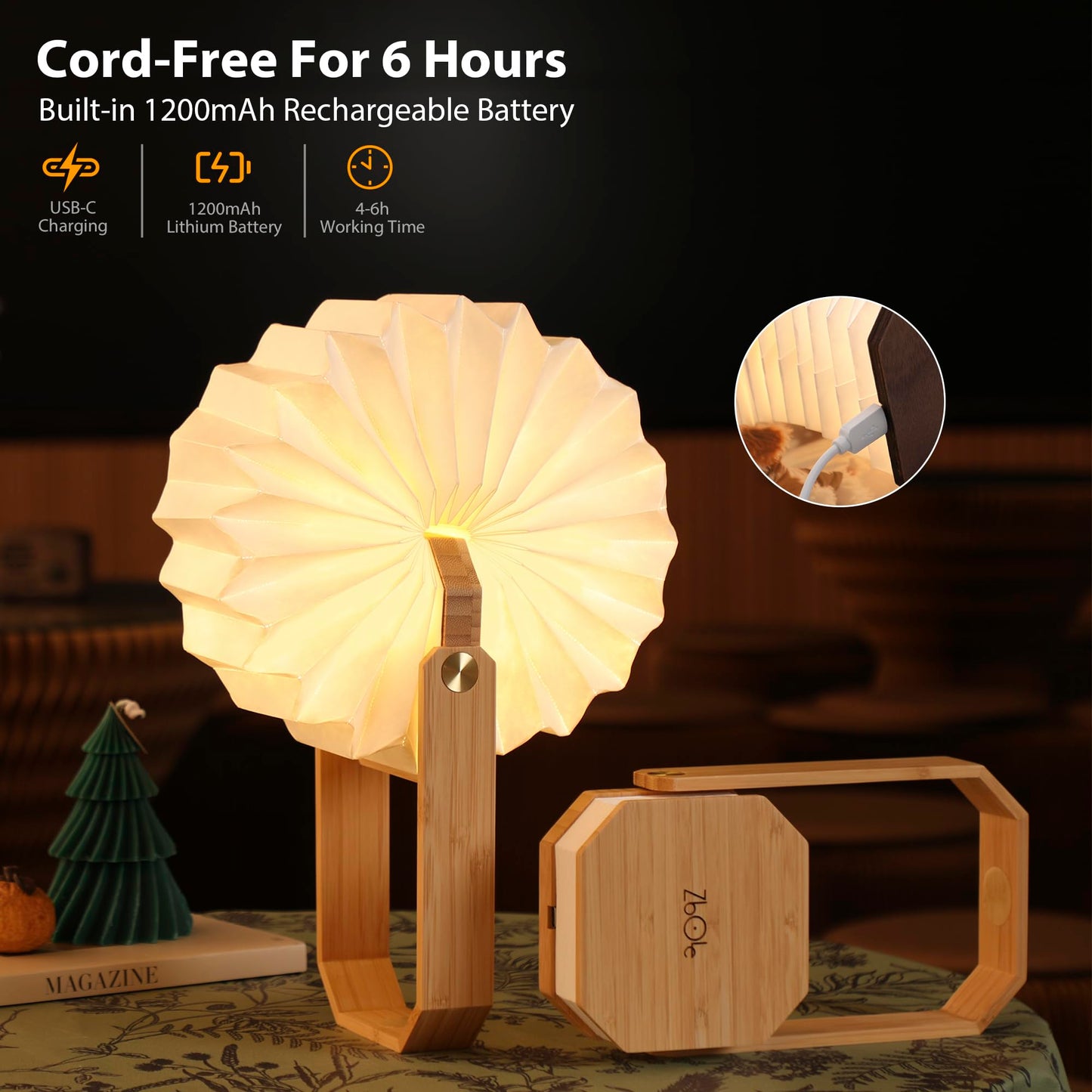 ZBOLE Foldable Japanese Style Lantern, 1200mAh Rechargeable, 4-6H Runtime, 2-in-1 Handheld & Table Lamp, Soft Warm Light, Outdoor Camping Travel Gear, Home Decor & Gift (Bamboo)