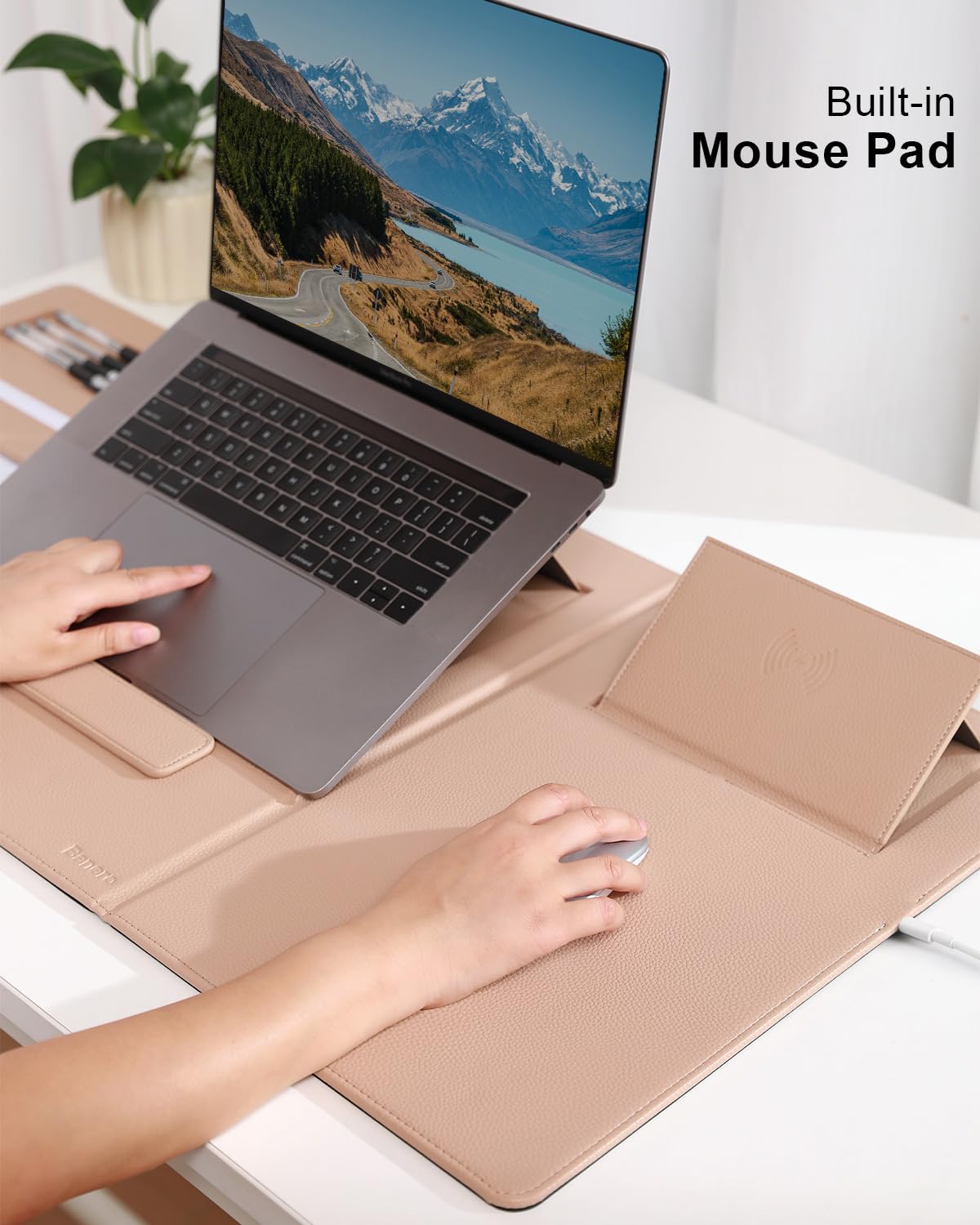 Banero 4-in-1 Laptop Stand for Desk Built-in Wireless Charging Pad, 15W, Qi-Certified, PU Leather Wireless Charging Mouse Pad, Laptop Holder on Top of Desks for Office