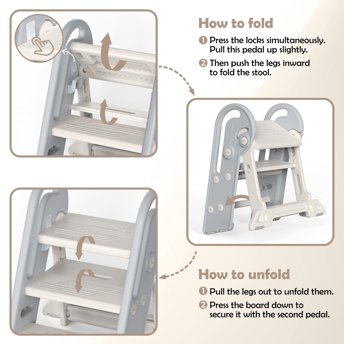 Onasti Adjustable Toddler Step Stool with Handles, Converts from 3-Step to 2-Step as Kids Grow, Non-Slip Safety Stool for Bathroom Sink, Kitchen Counter, Potty Training and Everyday Household Use-Grey