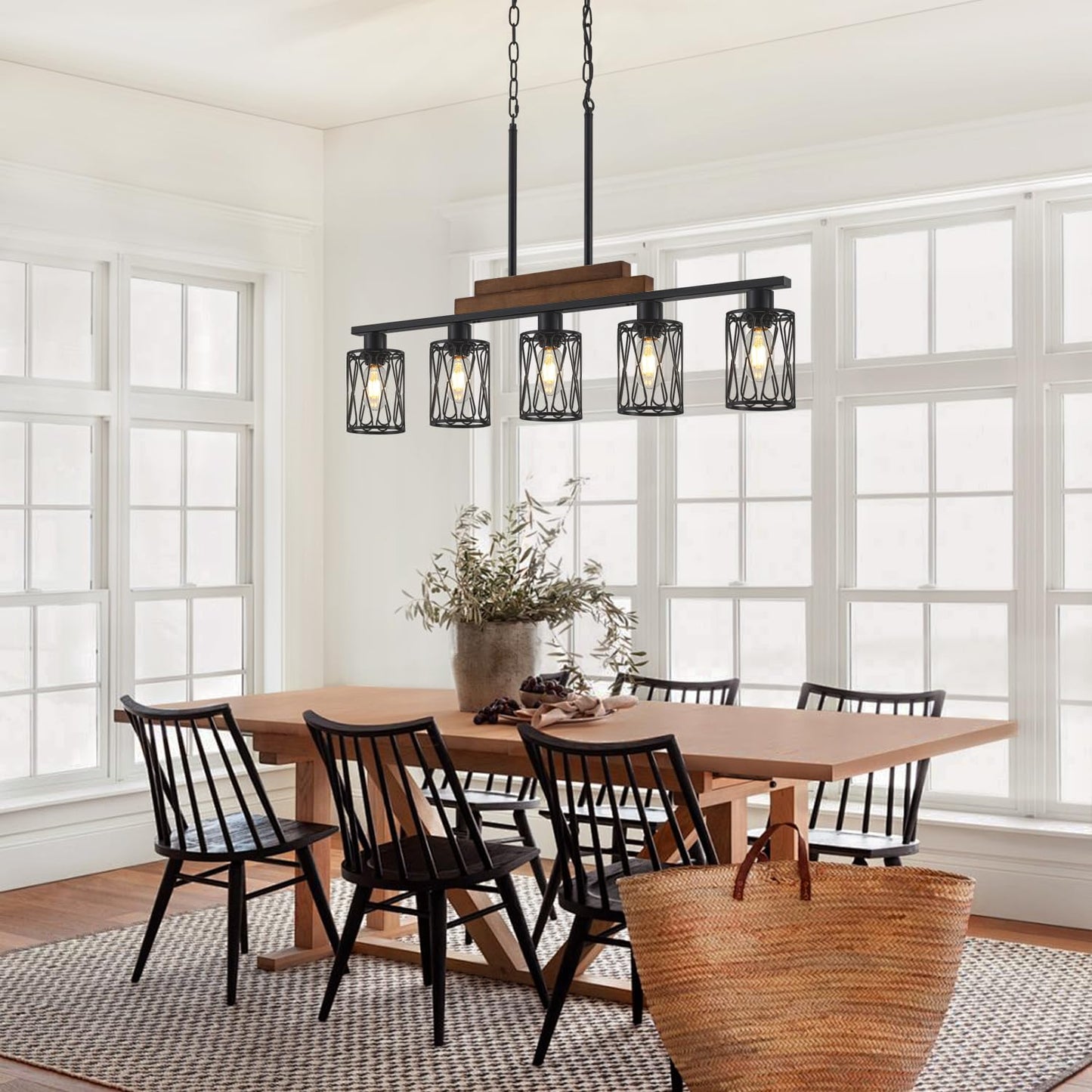 36.61'' Dining Room Light Fixtures Over Table,5-Light Farmhouse Kitchen Island Lighting Hanging with Metal Shade,Matte Black Rustic Wood Linear Pendant Island Light Fixtures for Dining Room Kitchen