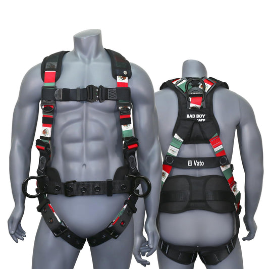 AFP Fall Protection Full-Body Premium Mexican Flag Safety Harness, Vented & Padded Shoulder, Legs & Back, 8” Thick Back Support Belt, Aluminum D-Rings, Tongue Buckle, Quick Release (OSHA/ANSI PPE)